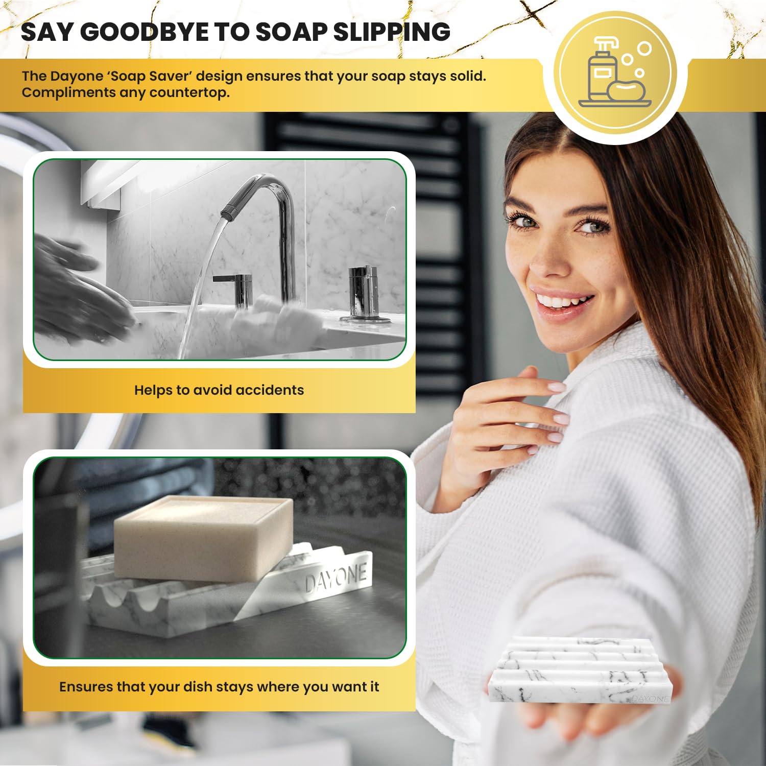 Day1 Soap Holder With Marble Look - Soap Dish With Soap Saver Ridges Rectangle Bar Soap Holder With Non Slip Feet - Soap Tray Fo