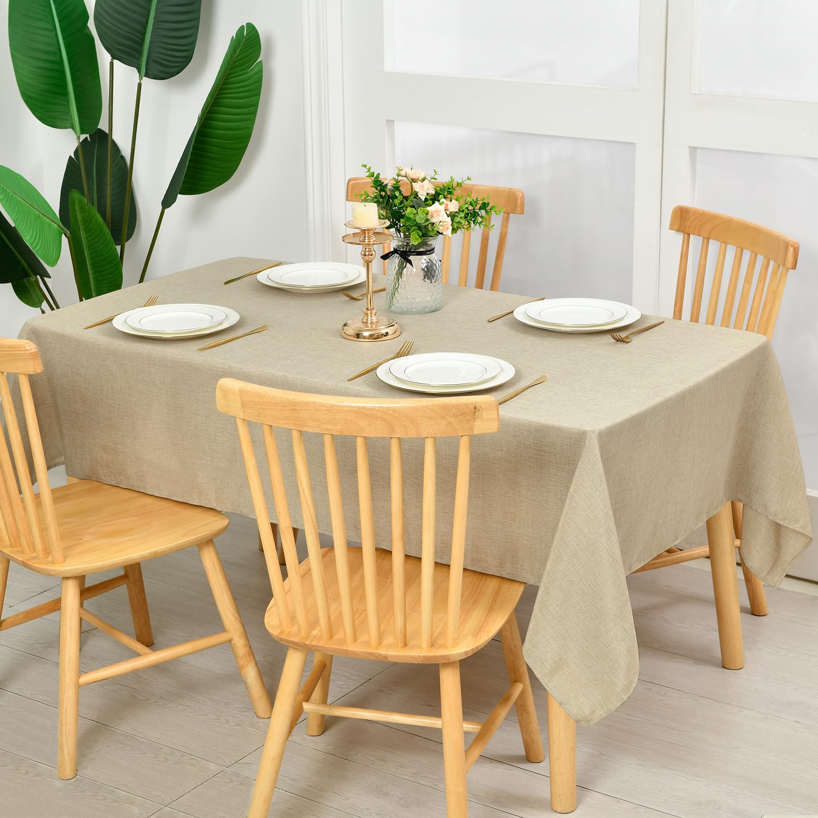 Hiasan Faux Linen Rectangle Tablecloth - Wrinkle And Stain Resistant Washable Table Cloth For Kitchen Dining Room Holiday Table