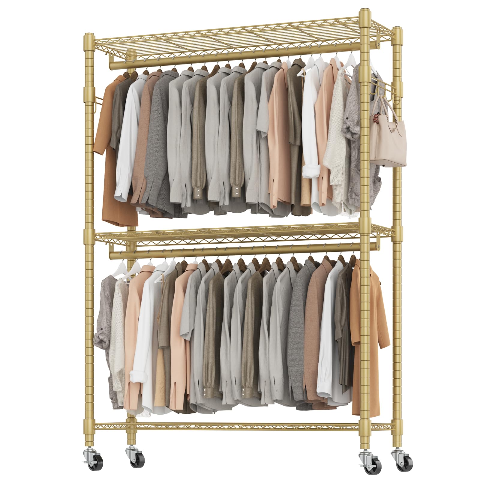 Bathwa Heavy Duty Garment Rack On Wheels, Rolling Clothes Racks For Hanging Clothes, Modern Closet Wardrobe Clothing Rack With 8
