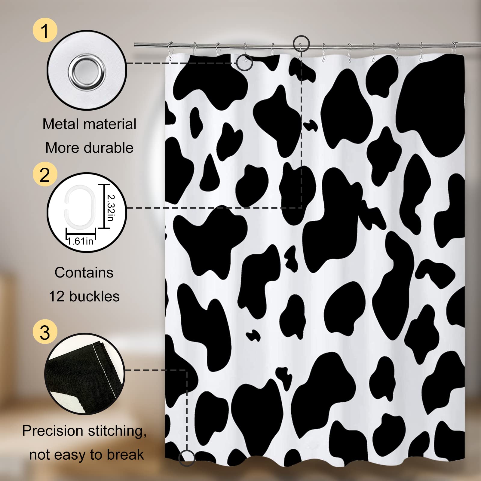 Zttxl Cow Print Shower Curtain (72'' X 72''), Black Cow Print Shower Curtain, Polyester Fabric Print Shower Curtain Set With Bat