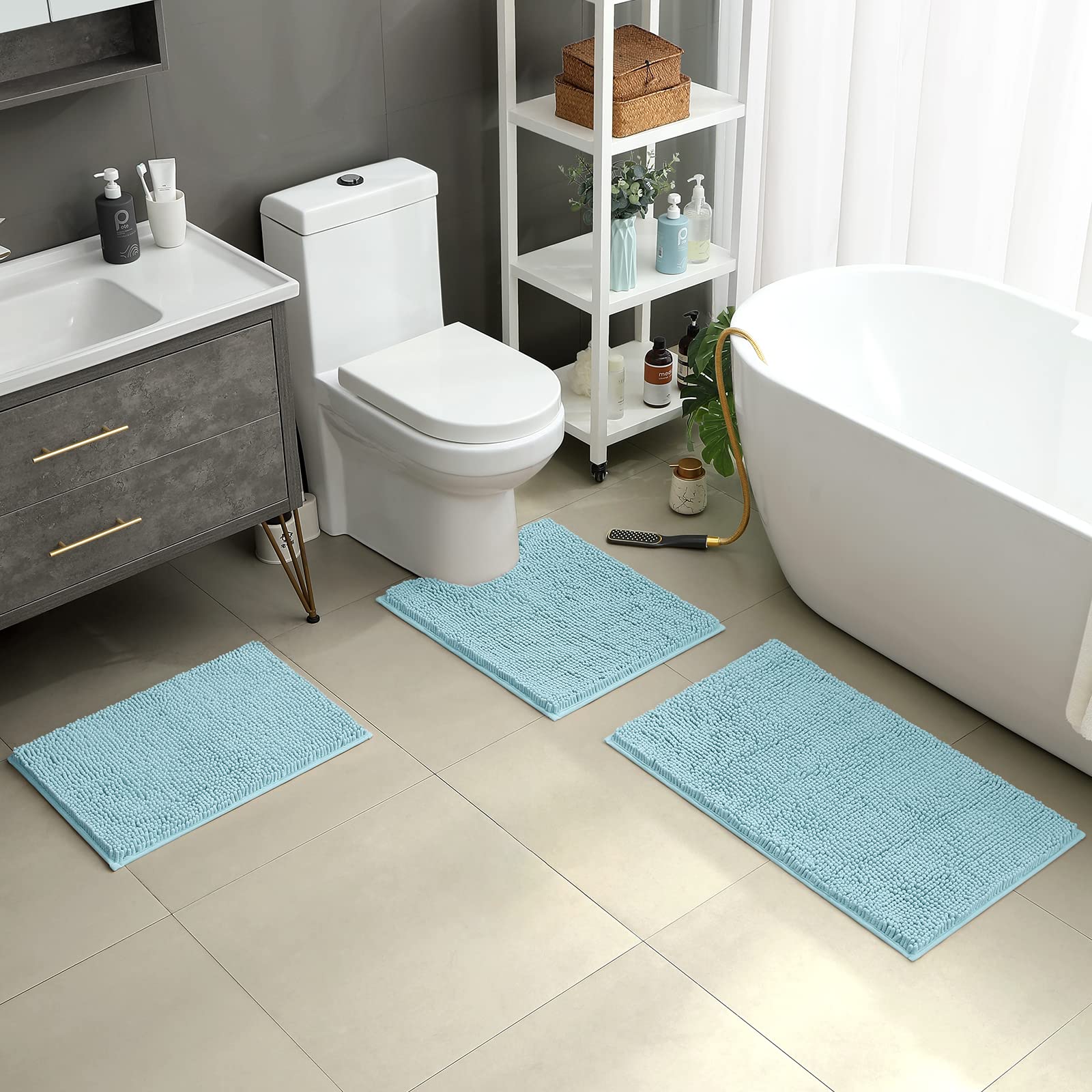 HOMEIDEAS 3 Pieces Bathroom Rugs  Ultra Soft Non Slip Absorbent Chenille Toilet Bath Mat Set (Light Blue)