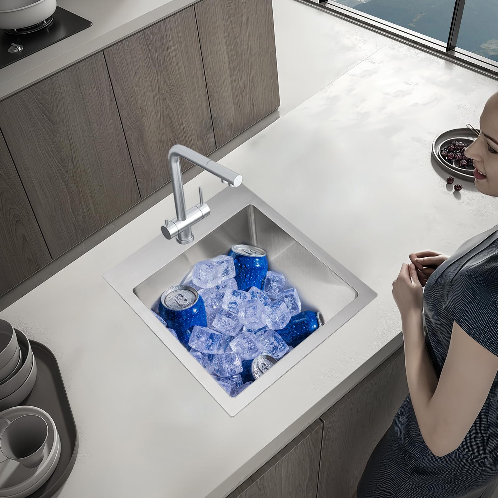Rovogo 15X17X8 In. Drop In Bar Prep Sink 304 Stainless Steel, 1-Hole Single Bowl Kitchen Sink With Basket Strainer, Small Second