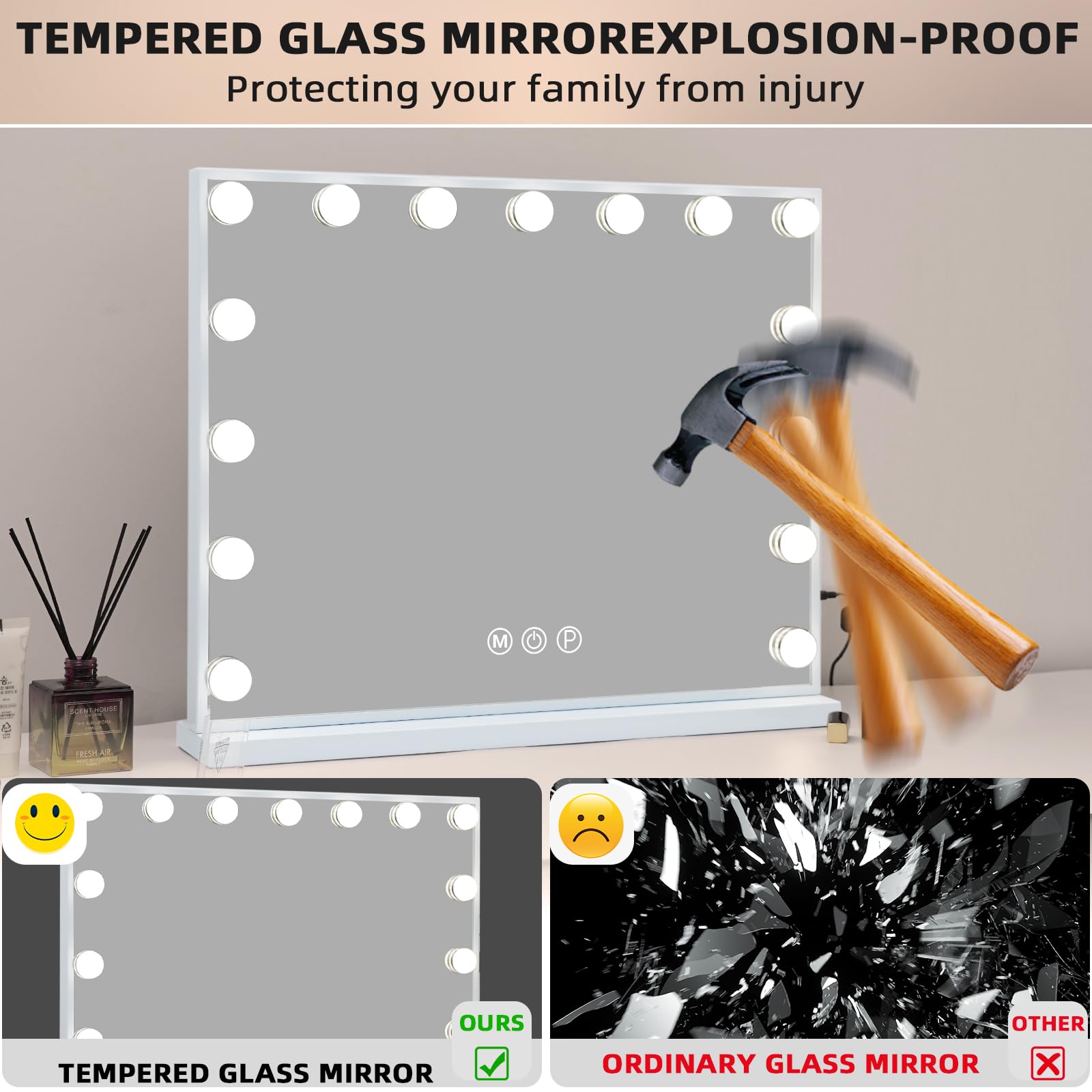 Fenair Vanity Mirror with Lights 22.8''x 18.1'' Makeup Mirror with Lights and 15 Dimmable Bulbs 3 Colors Modes Hollywood Mirror with USB Charging Port and 10X Detachable Magnification Mirror White