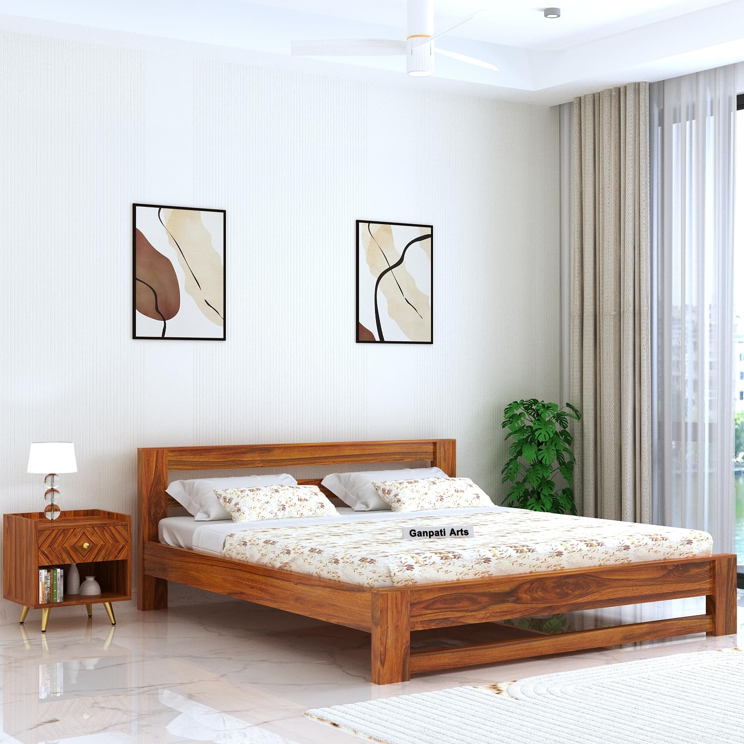 Ganpati Arts Sheesham Wood Foster King Size Bed Without Storage For Bedroom | Wooden Double Bed Cot Palang Furniture For Living 