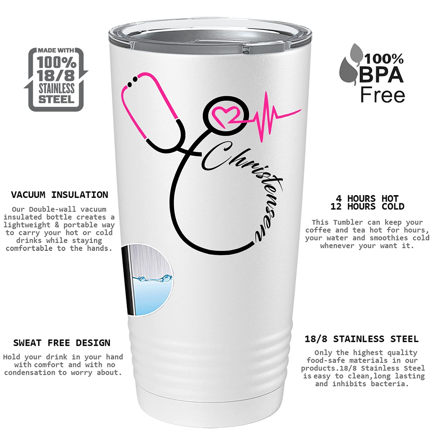Cuptify Personalized Nurse Pink Stethoscope White 20 Oz Stainless Steel Nurse Tumbler Gift