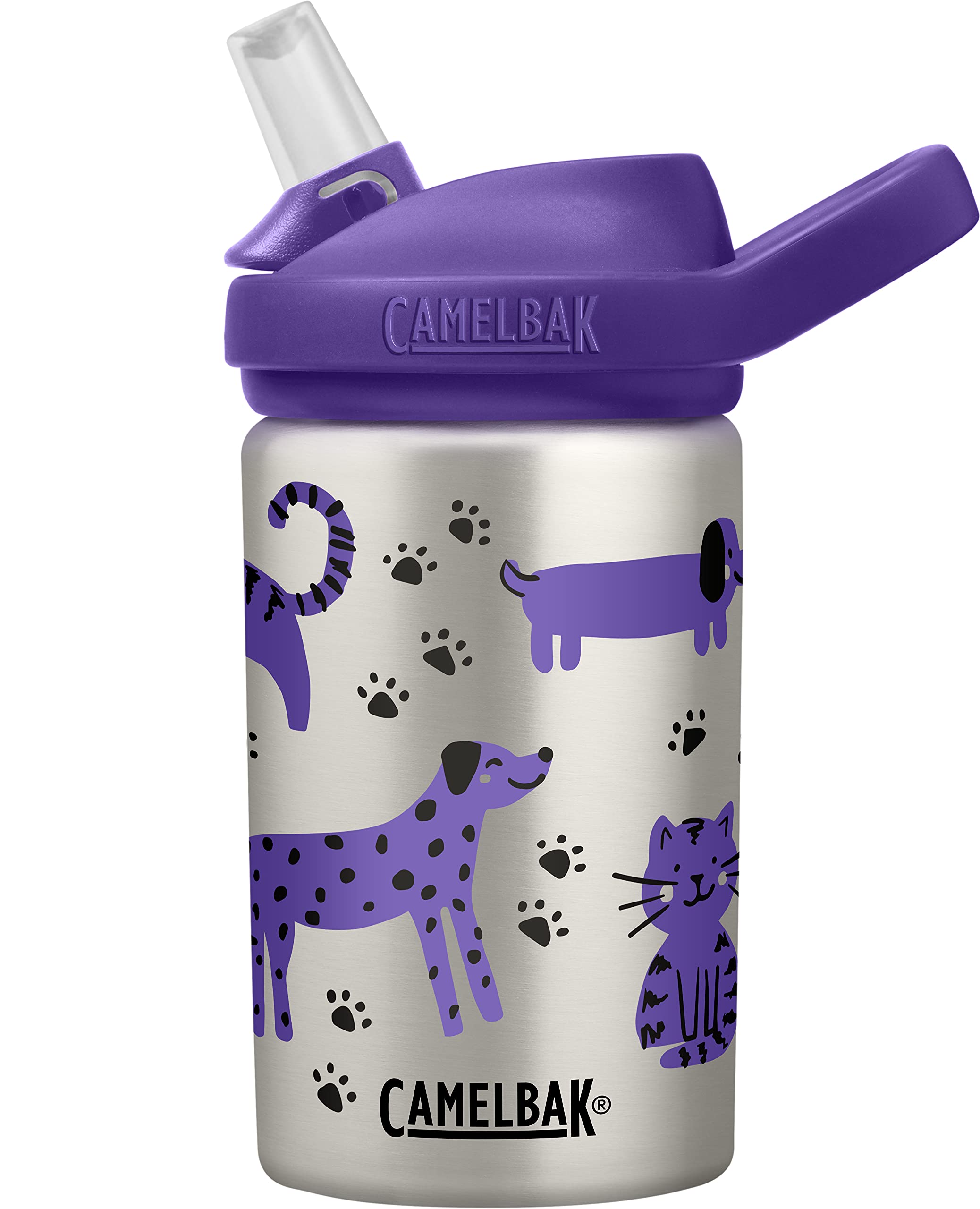 CamelBak Eddy+ Kids Bite Valve Straw Insulated Stainless Steel Water Bottle Cats & Dogs, 14oz