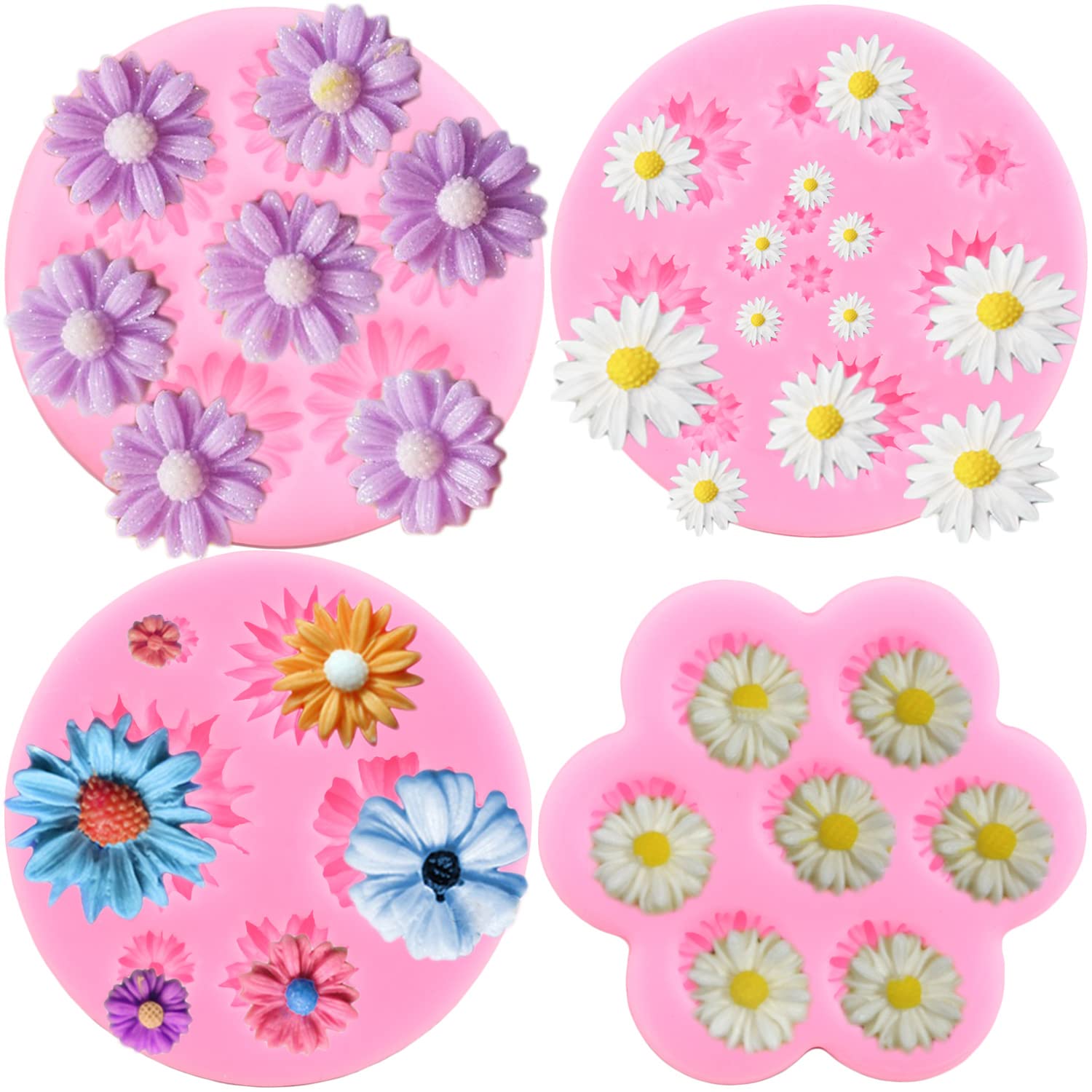 Mujiang Daisy Chrysanthemum Flower Silicone Fondant Molds For Cake Decorating Chocolate Candy Clay Gum Paste Set Of 4