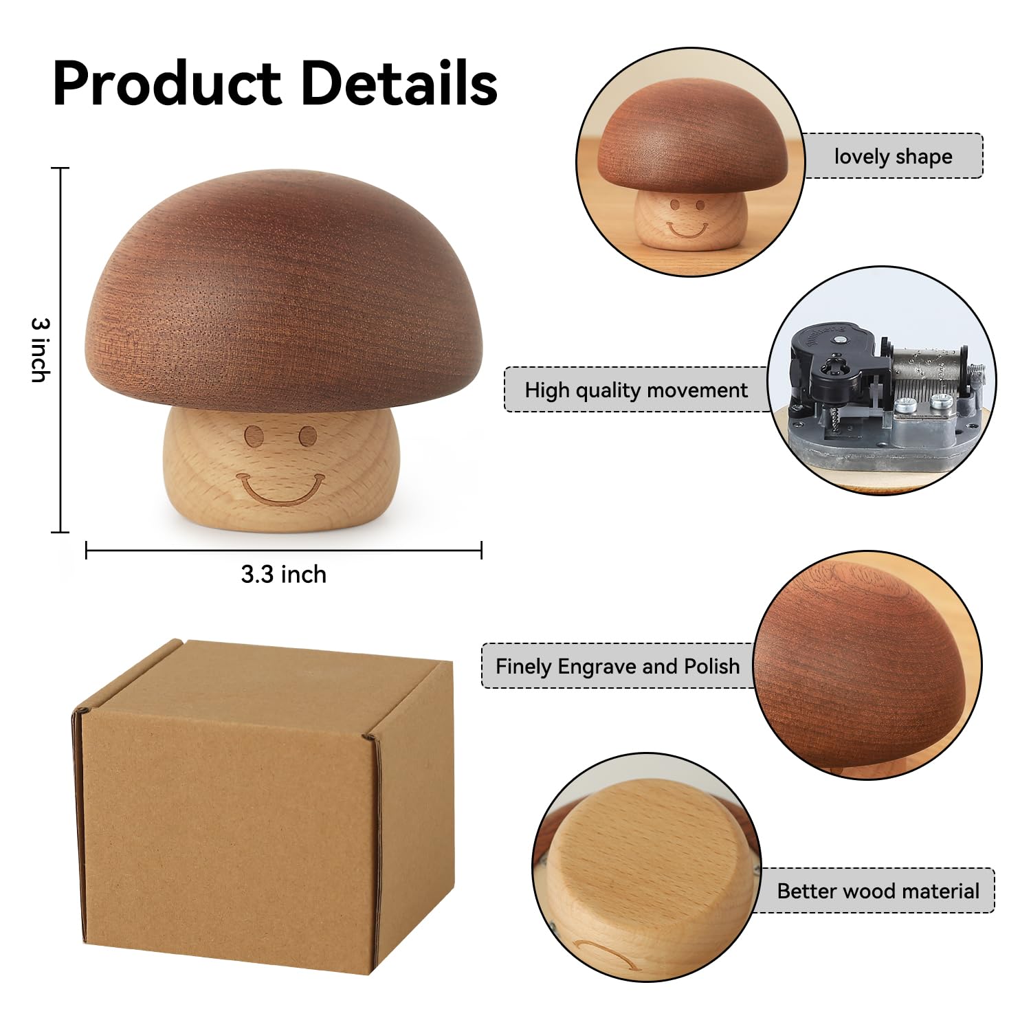 Wood Wind Up Music Box Hed s Theme Cute Mushroom Mechanism mini Vintage Nice Musical Gifts for Women, Men, Kids,Boys Birthday, C