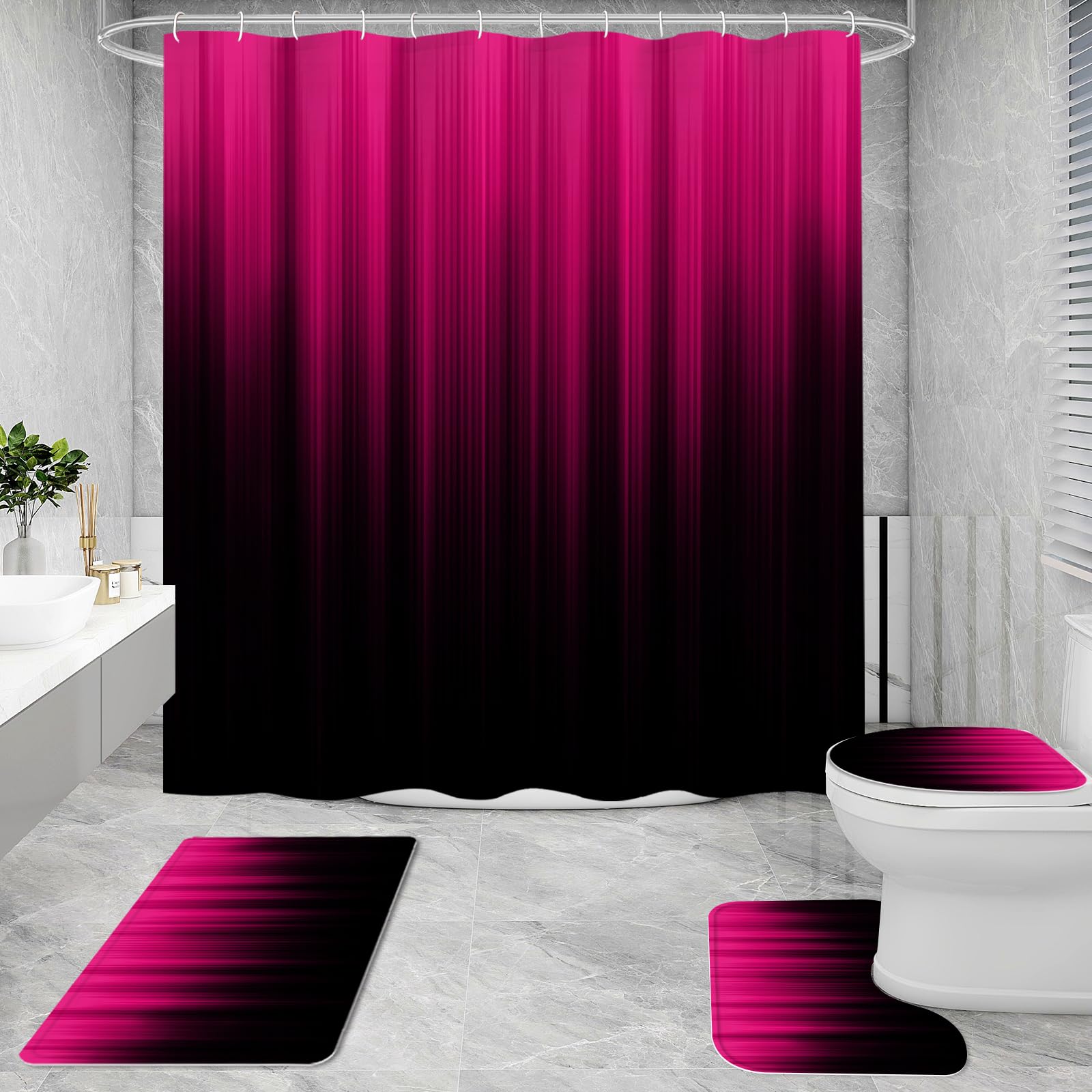 Litabel 4 Pcs Hot Pink And Black Gradient Shower Curtain Set With Rugs And Toilet Lid Cover, Modern Simple Waterproof Fabric Bat