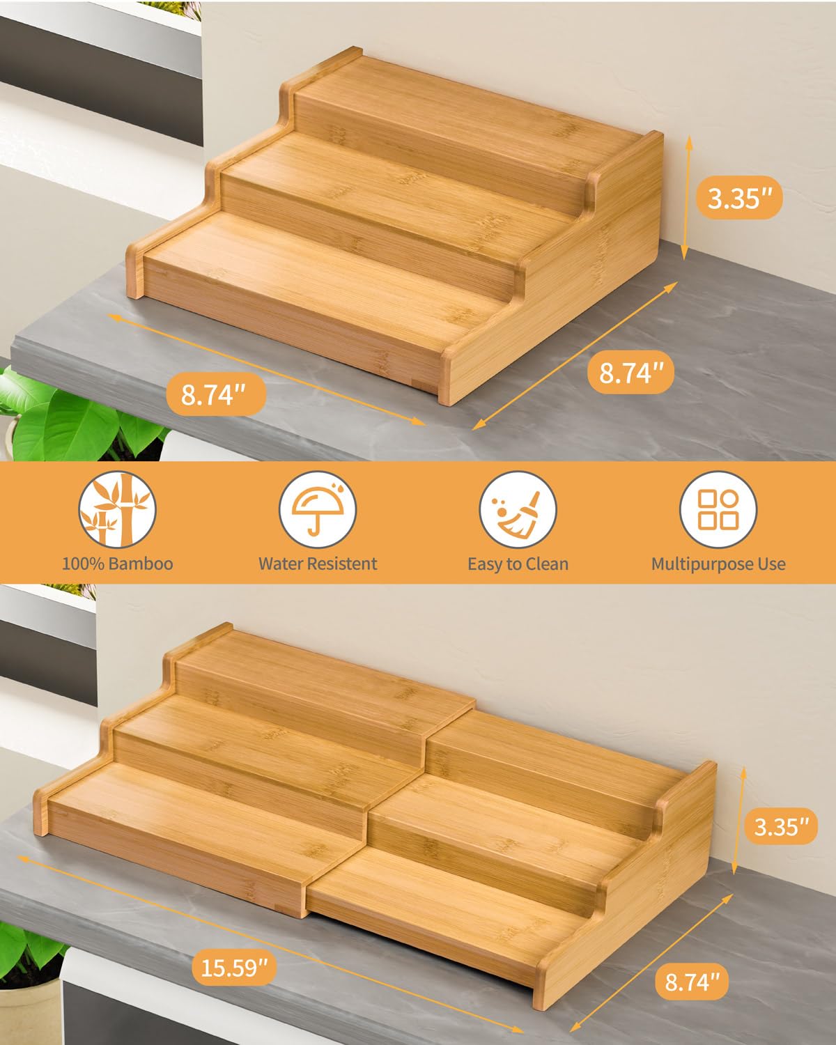 VenDotbi Spice Rack Organizer, 3 Tier Expandable Bamboo Spice Rack Organizer, Great for Kitchen Cabinet, Cupboard, Pantry and Mo