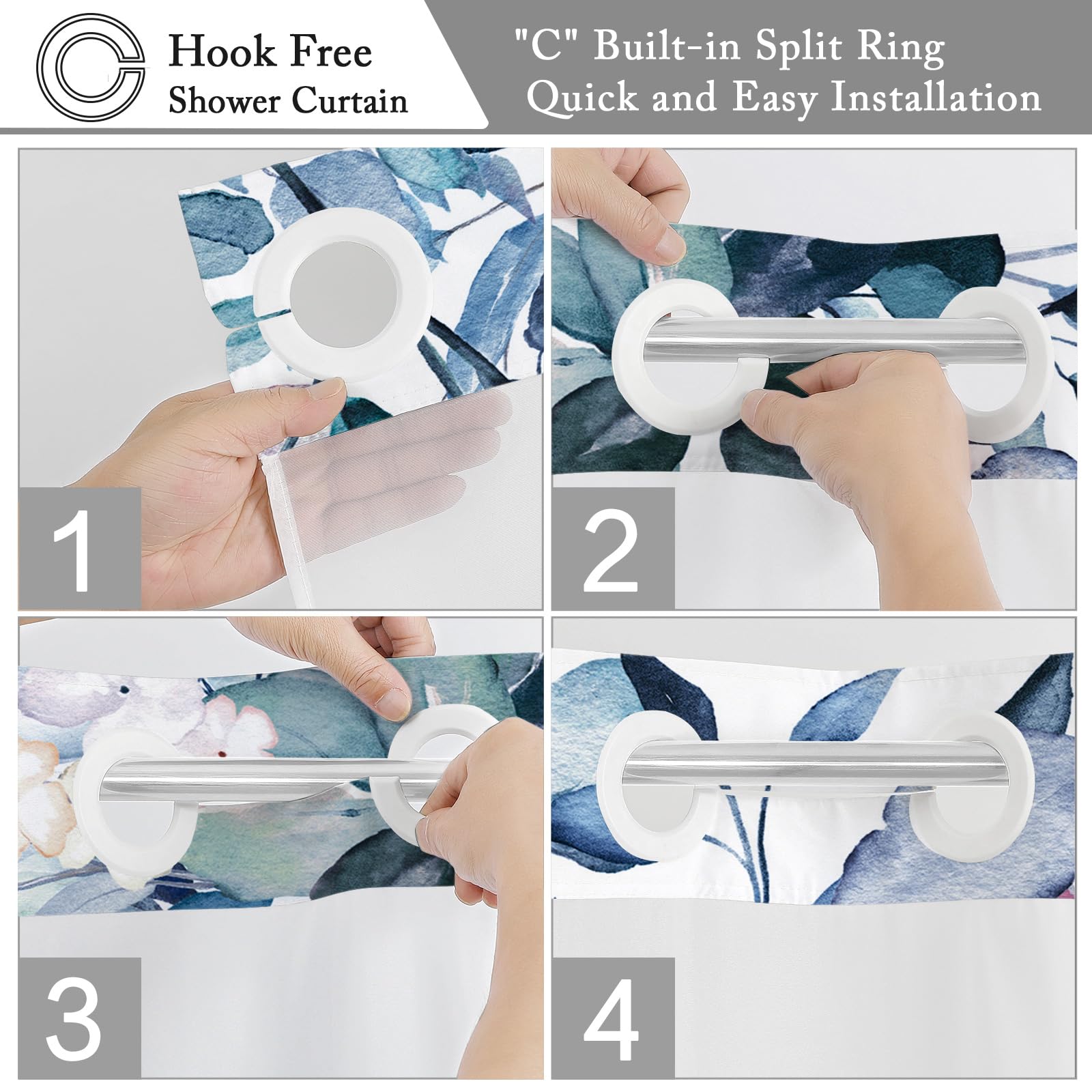 Gibelle No Hook Shower Curtain With Snap-In Fabric Liner Set For Bathroom, Hotel Style Blue Eucalyptus Leaves Shower Curtain Wit