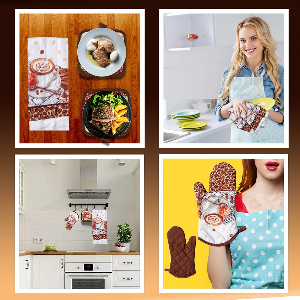 Lobyn Value Packs: 5-Piece Cafa Latte Kitchen Towel Set - Quilted Oven Mitt & 2 Potholders, Perfect For Coffee Lovers