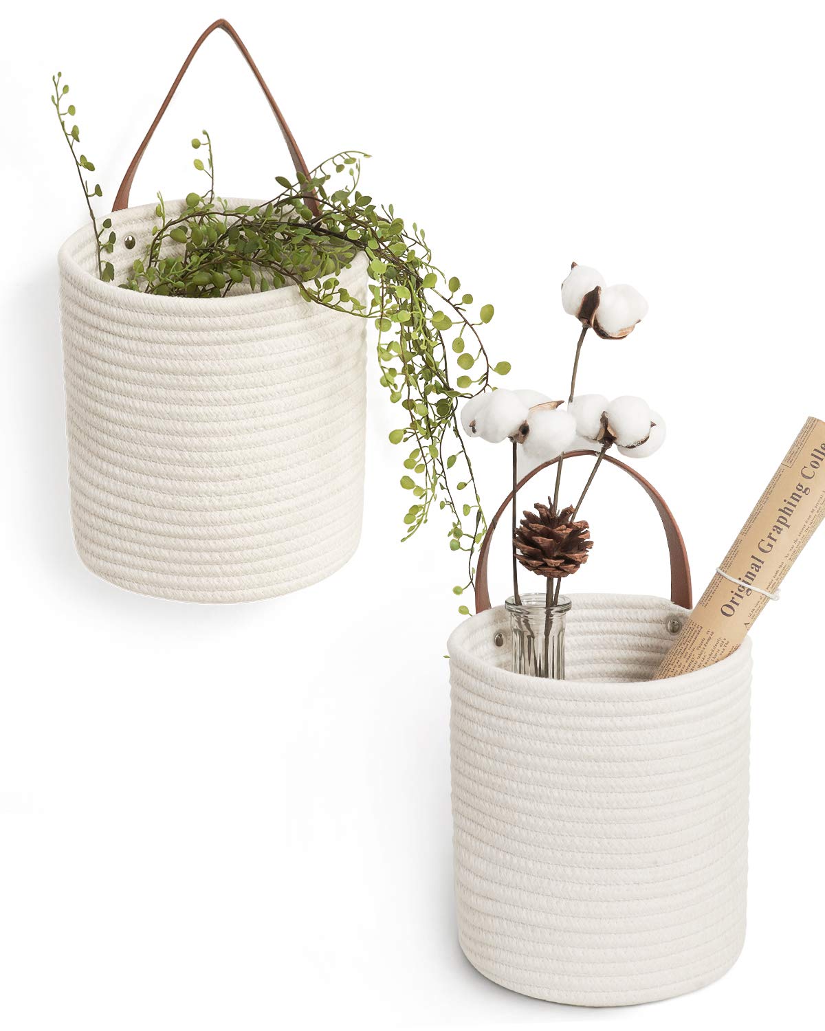 Goodpick 2Pack Rope Hanging Basket - Small Round Hanging Basket Storage For Key, Sunglasses, Wallet On Door - Modern Woven Baske