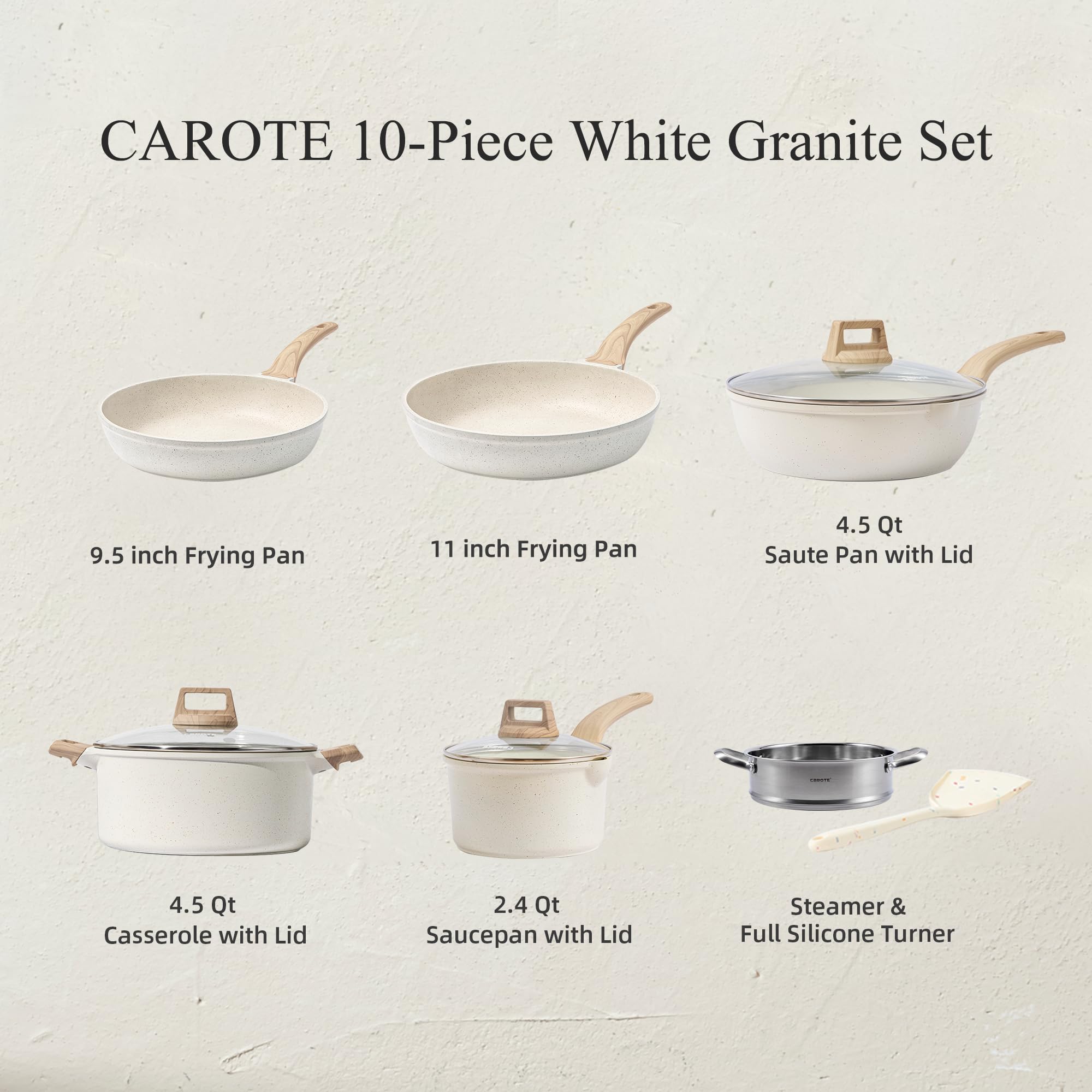 CAROTE Pots and Pans Set Nonstick, White Granite Induction Kitchen Cookware Set, 10 Pcs Non Stick Cooking Set w/Frying Pans & Sa