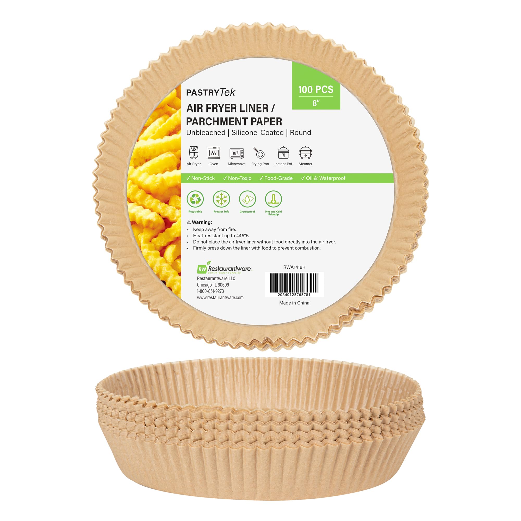 Restaurantware-Pastry Tek 8.1 x 8.1 x 1.8 Inch Air Fryer Liners, 100 Round Air Fryer Baskets - No-Stick Silicone Coating, Unblea