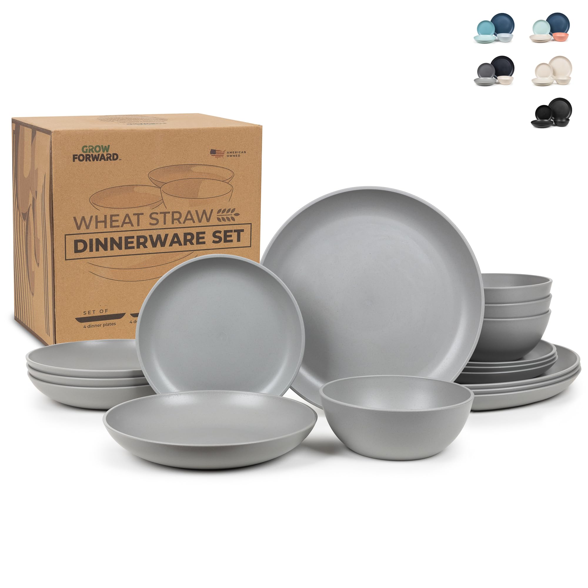 Grow Forward 16-Piece Premium Wheat Straw Dinnerware Sets For 4 - Dinner Plates, Dessert Plates, Pasta Bowls, Cereal Bowls - Mic