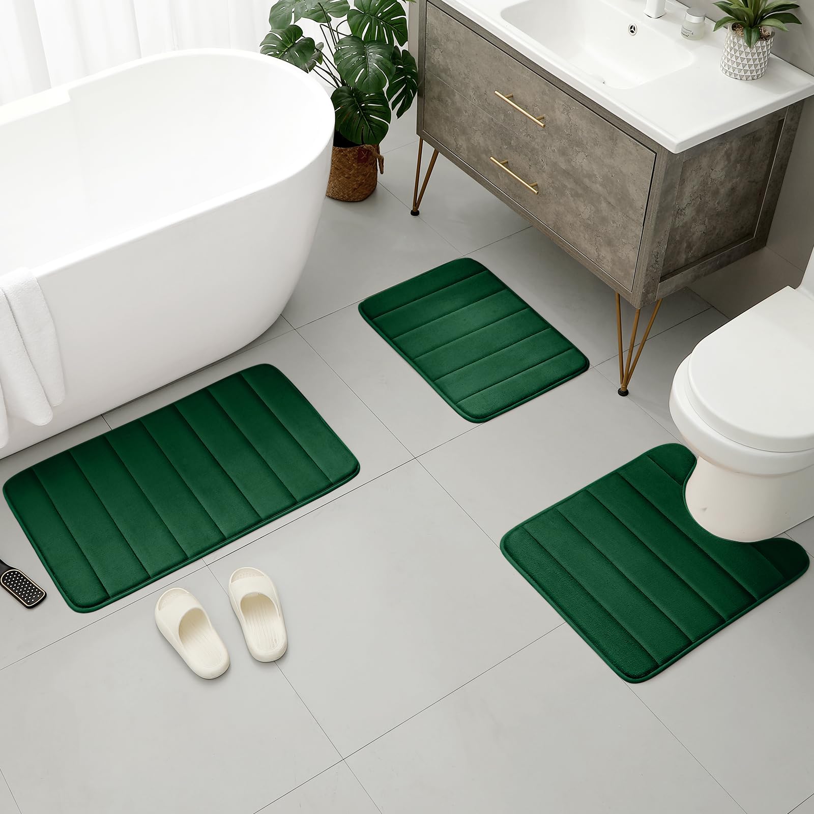 Bysure Dark Green Memory Foam Bathroom Rug Set 3 Piece, Non Slip Extra Soft Absorbent Bath Mats, Machine Washable & Dry Toilet M