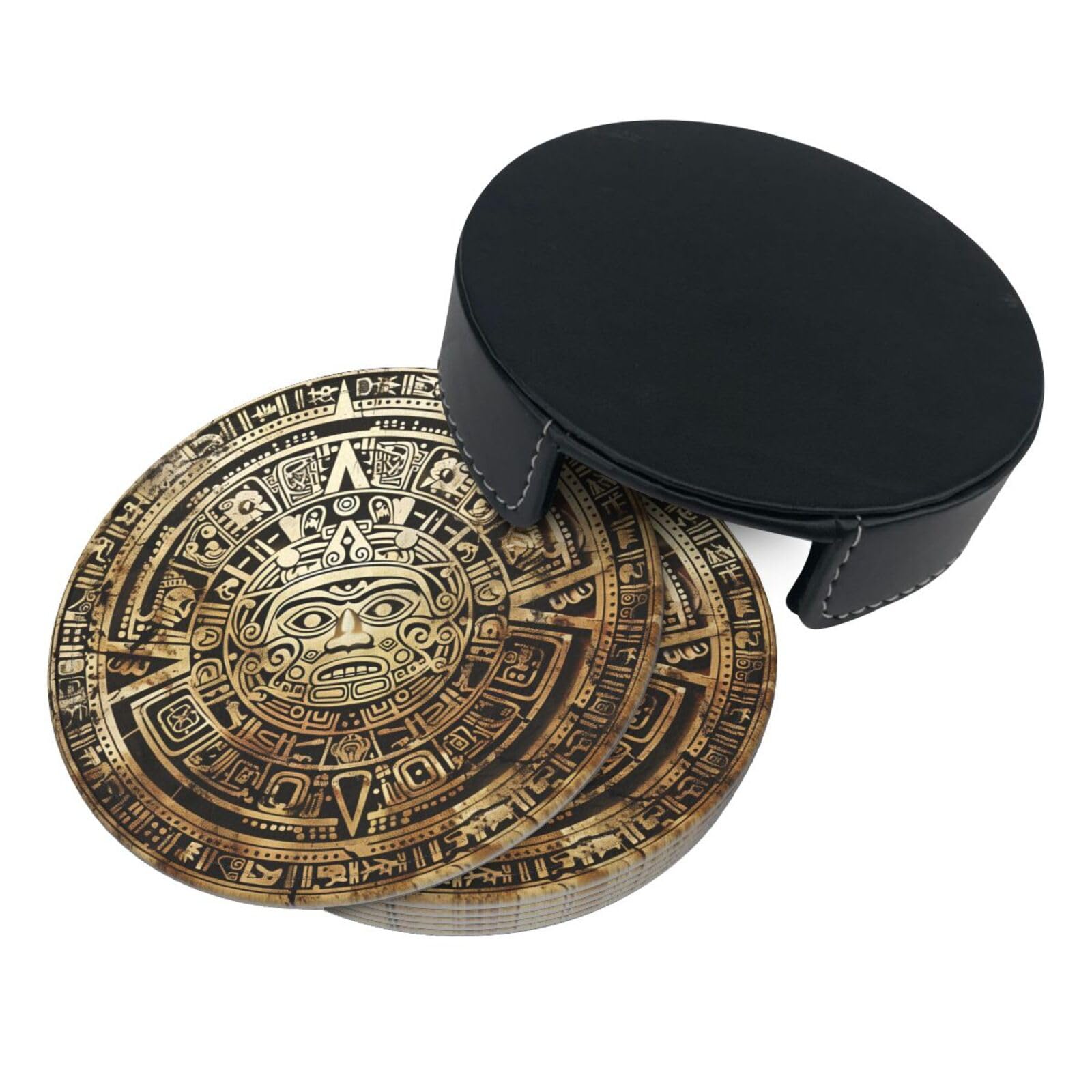 Aztec Calendar Mayan Coasters For Drinks With Holder, Leather Coasters Set Of 6, Round Cups Mugs Mat Pad For Home Kitchen