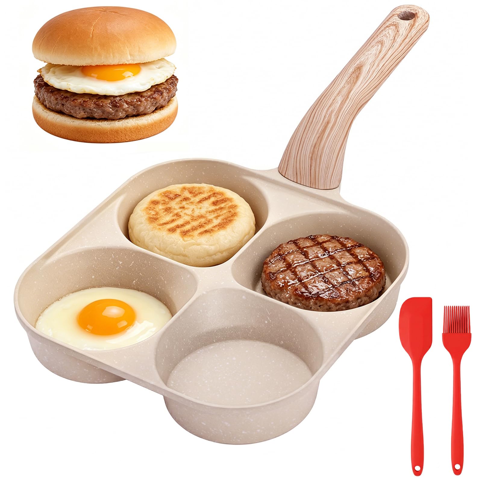 yarlung 4Cup Egg Frying Pan, Nonstick Granite Omelette Pan with Raised Handle, Deepened Grooves Pancake Skillet for Egg Burger,