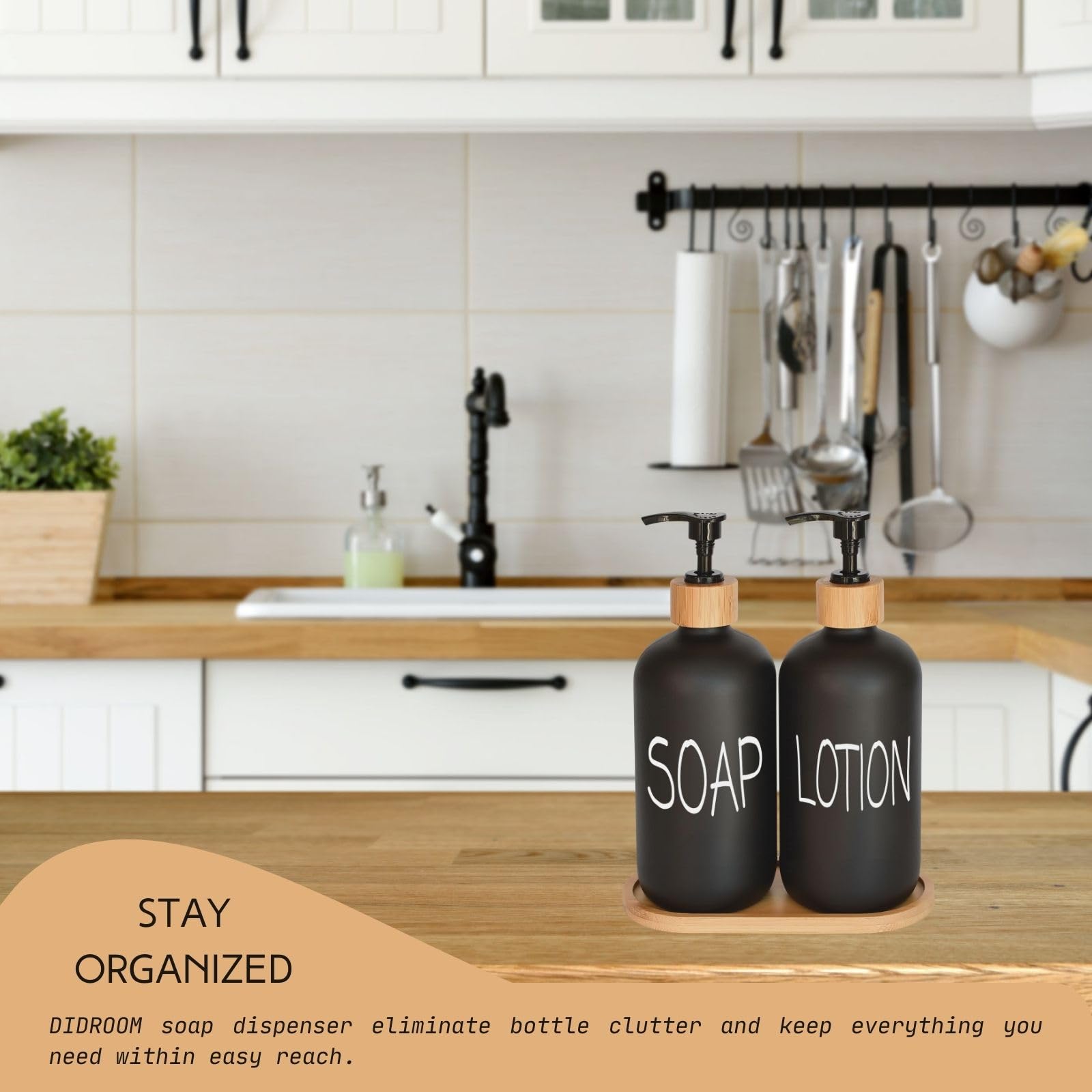 Black Soap Dispenser Bathroom Set, Set With Glass Dispenser, Bamboo Pumps & Tray. Hand And Lotion Suitable For Farmhouse Decor