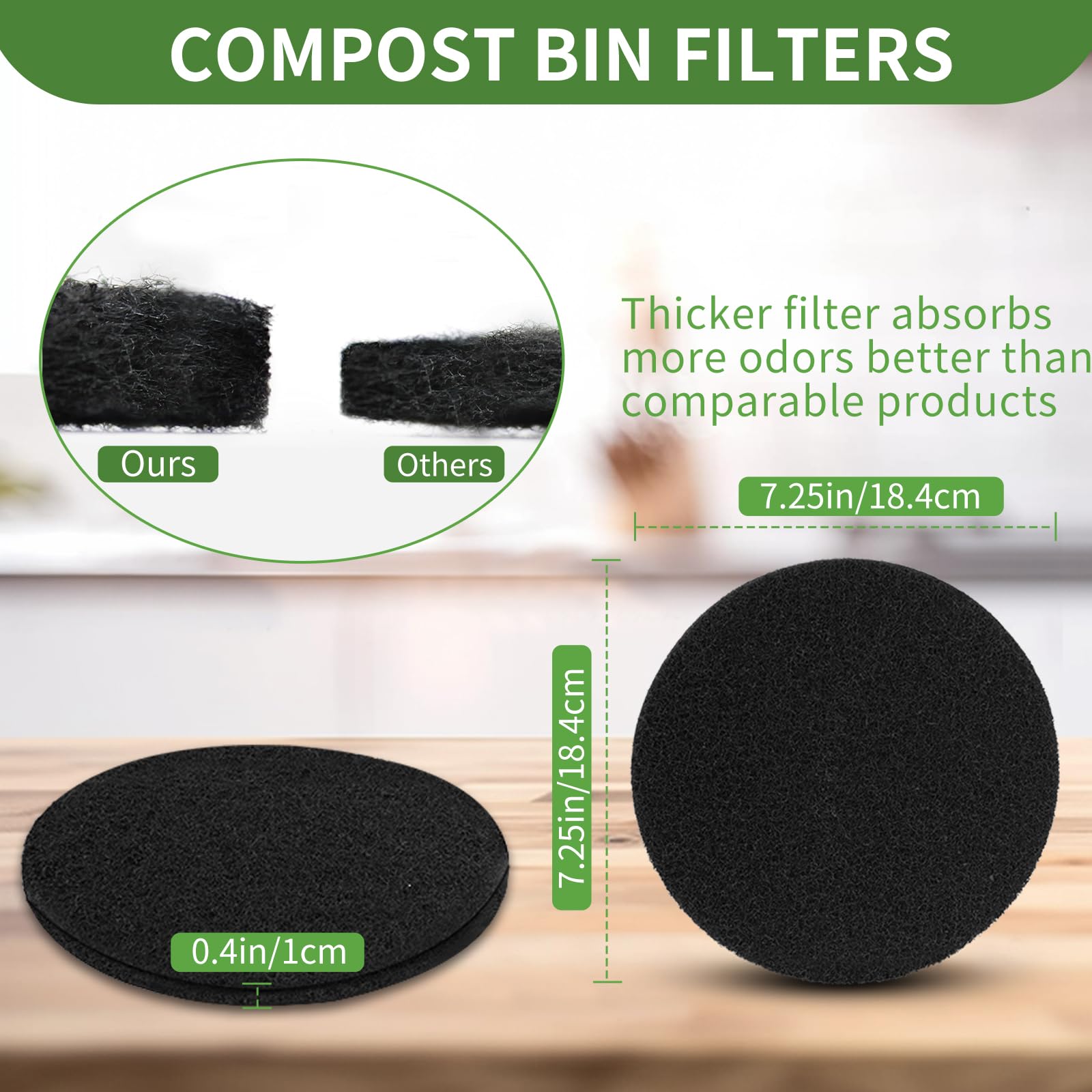 Saiqiang Compost Filters 7.25" Charcoal Replacement Filters for Kitchen Bin, Black, Activated Carbon, Model SQ, 6 Pack