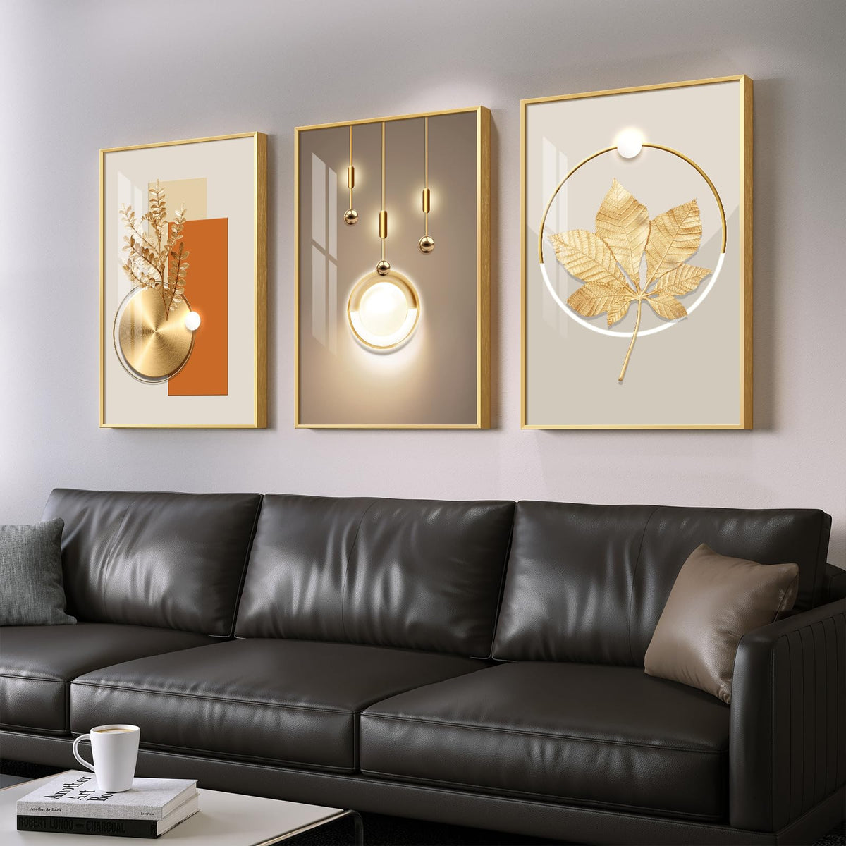 Framed Modern Luxury Gold Large Wall Art For Living Room, Set Of 3 Piece Contemporary Paintings Artwork For Walls, Golden Prints