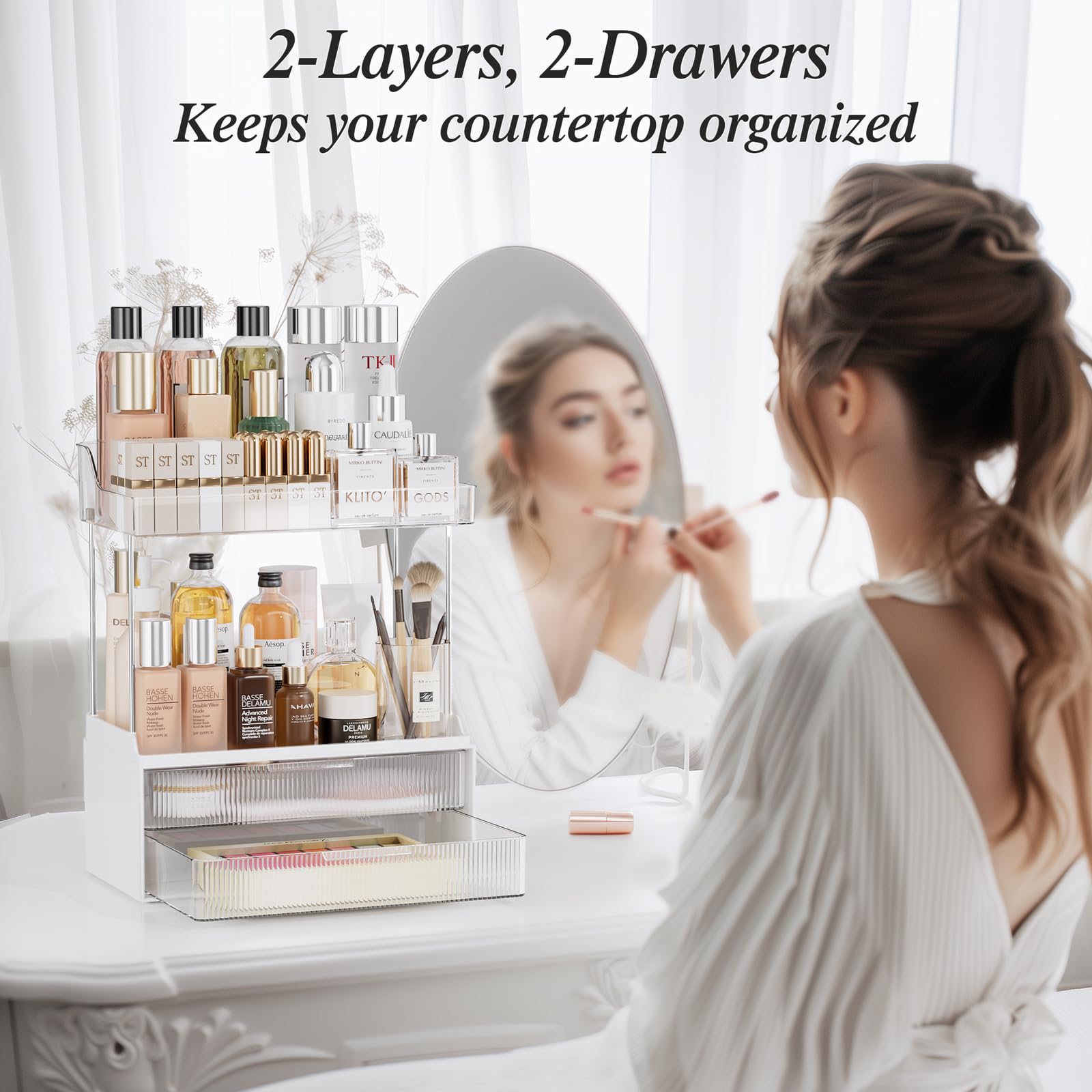 Tidystash 2-Tier 2-Drawer Bathroom Counter Organizer, Elegant Makeup Organizer, Ideal For Present, Easy To Install, Suitable As