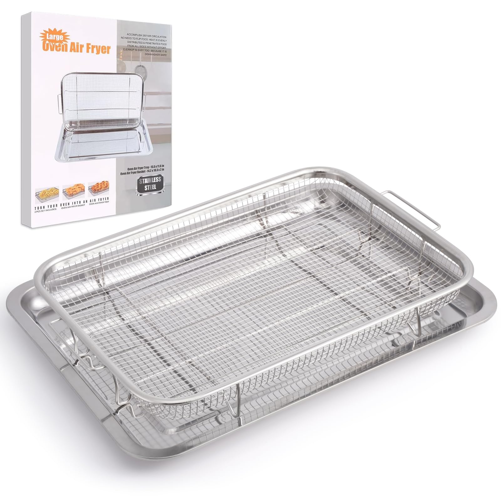 Air Fryer Basket For Oven, 15.7''X11.8''Extra Large Air Fryer Basket And Tray Stainless Steel Oven Air Fryer Pan Rack For Cookin