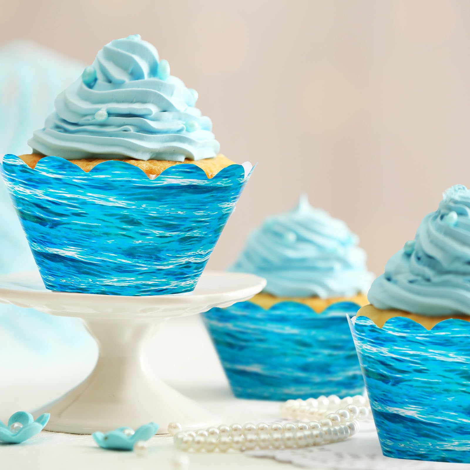 Whaline 48Pcs Ocean Wave Cupcake Wrappers Blue Sea Waves Cupcake Liners Summer Ocean Paper Baking Cup Cupcake Holders For Birthd