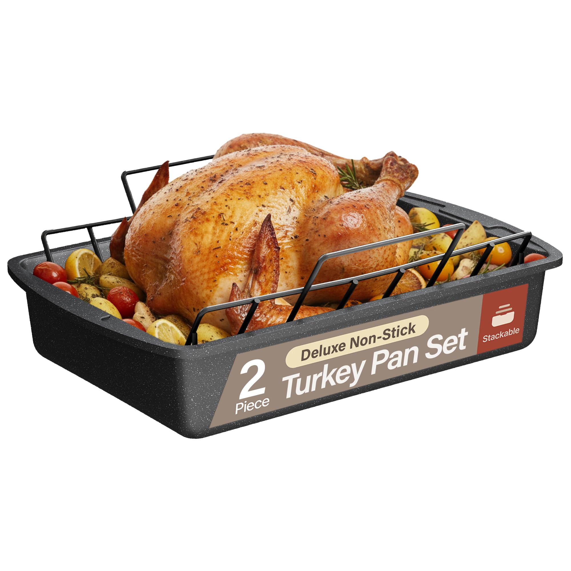 BAKKEN Nonstick Turkey Roasting Pan with Rack - Large Heavy-Duty Carbon Steel Roaster with Wide Handles, Ideal for Roasting, Bak