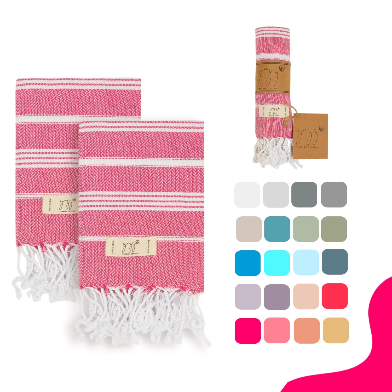 Yazz Turkish Cotton Turkish Hand Towels For Bathroom - Set Of 2 | 18'' X 30'' Inches | Decorative Cotton Hand Towels For Kitchen