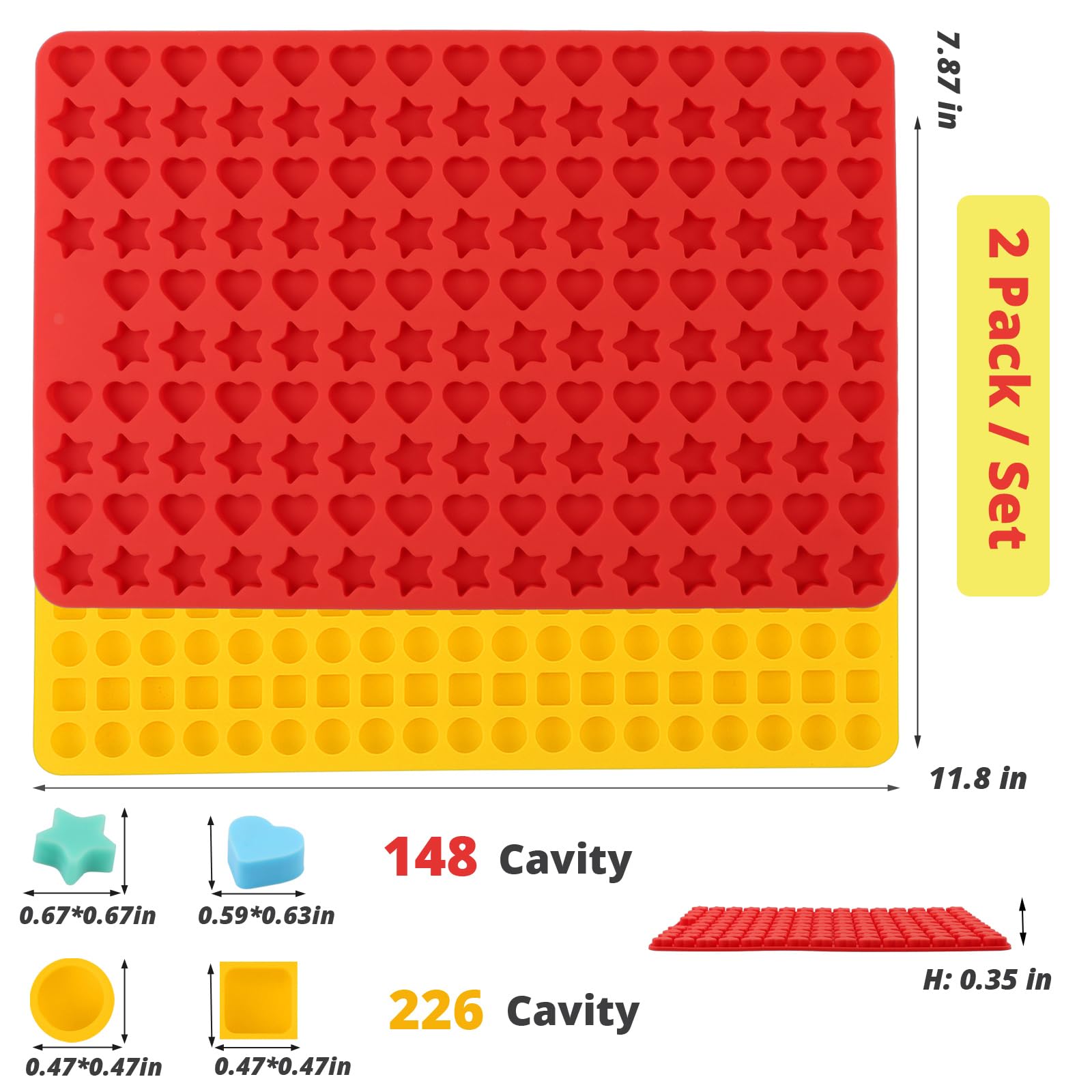 Silicone Gummy Molds, 148 Cavity Cute Star Heat Red Candy Mold/226 Cavity Mini Semi Sphere Round Square Yellow Dog Treat Mold Fo