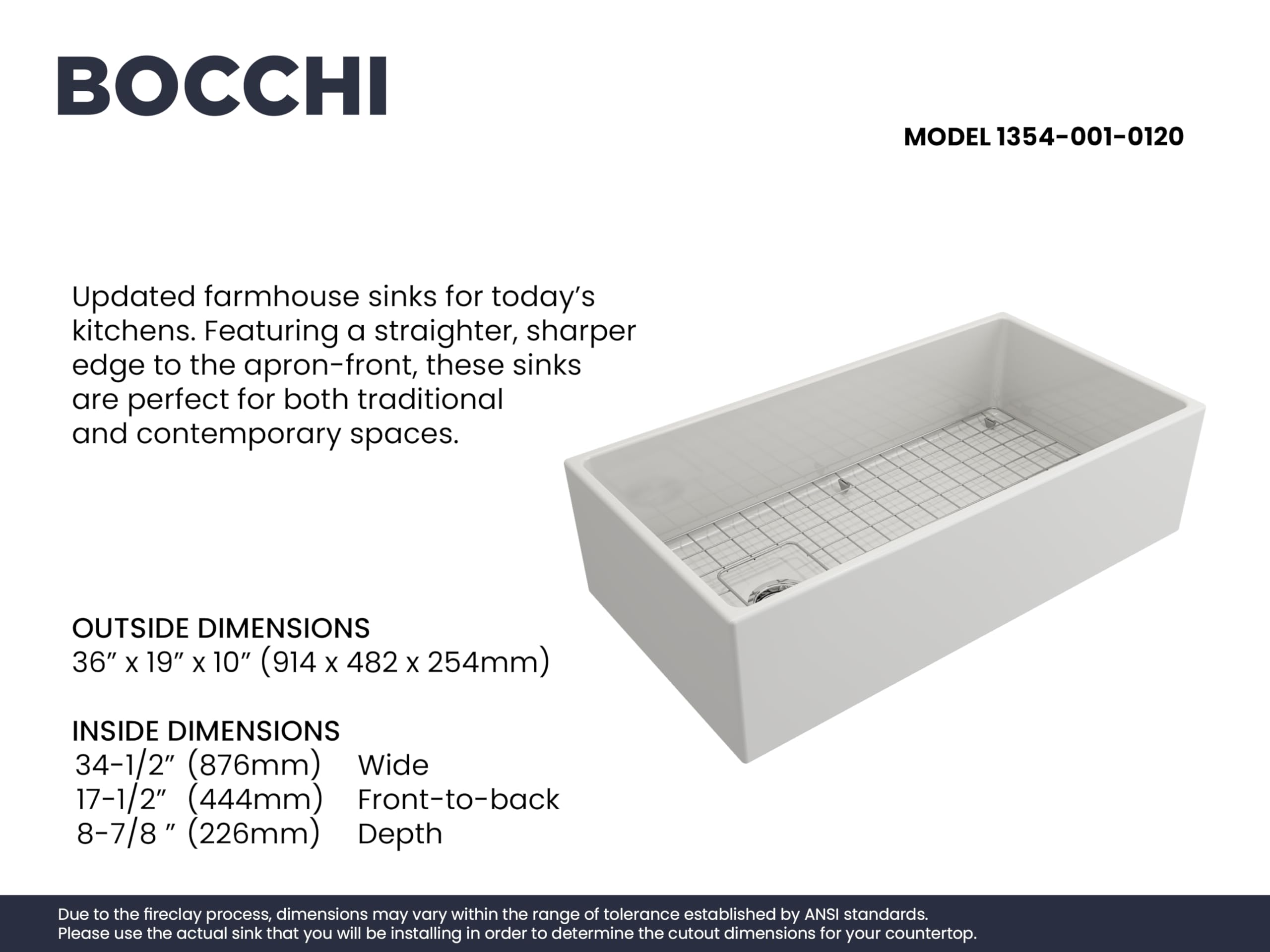 Bocchi Contempo Farmhouse Apron Front Fireclay 36 In. Single Bowl Kitchen Sink With Protective Bottom Grid And Strainer In White
