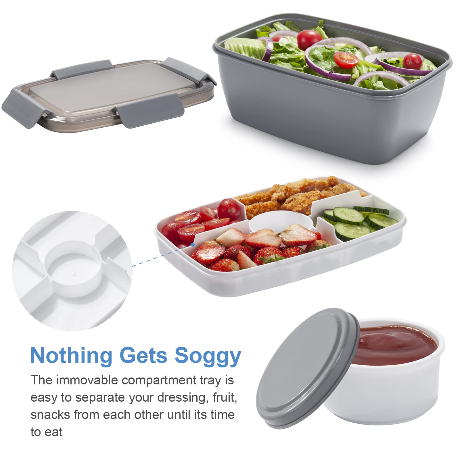 Freshmage Salad Lunch Container To Go, 68-Oz Grey-Xl, Leak-Proof Lid, 4 Compartments, Sauce Container, Safe Material, Easy Carry