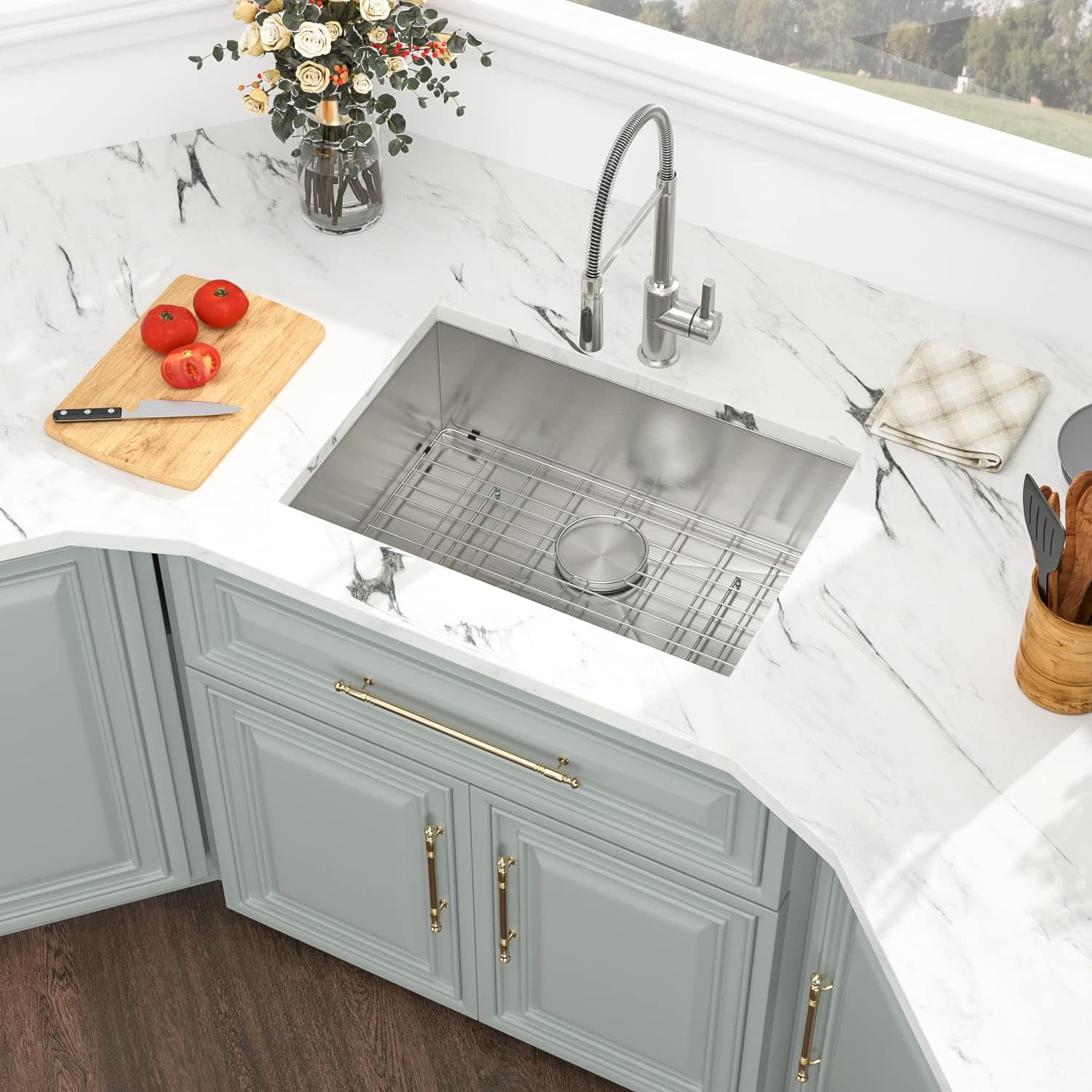Kichae 27 Inch Kitchen Sink Undermount 27X18 Inch Kitchen Sink Stainless Steel Deep Single Bowl Round Corner 16 Gauge Undermount