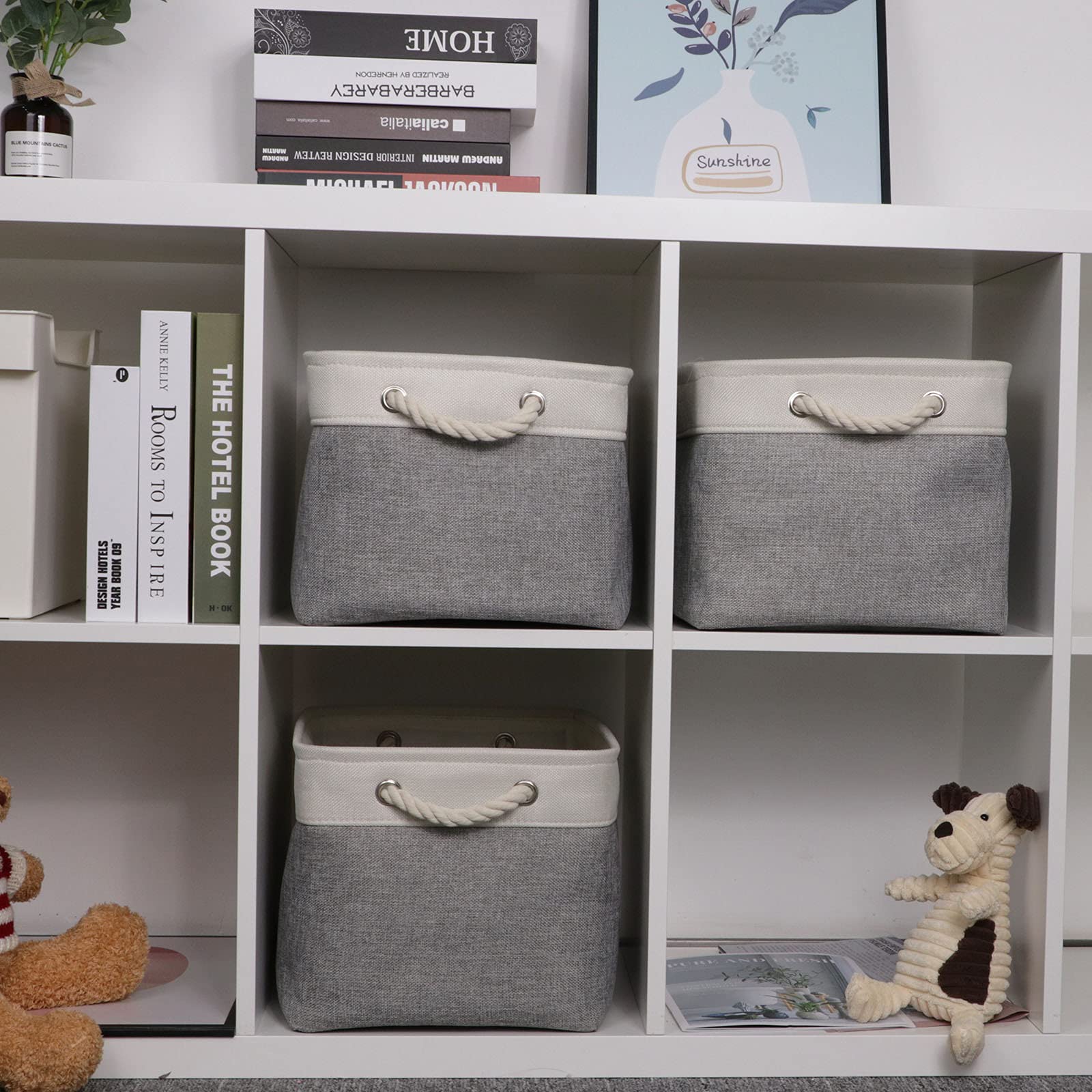 Bidtakay Baskets Set of 3 Storage Baskets for Organizing Large Fabric Storage Bins for Shelves Decorative Canvas Bins Collapsible Empty Baskets for Closet Nursery Clothes Toys Shoes(White&Grey)