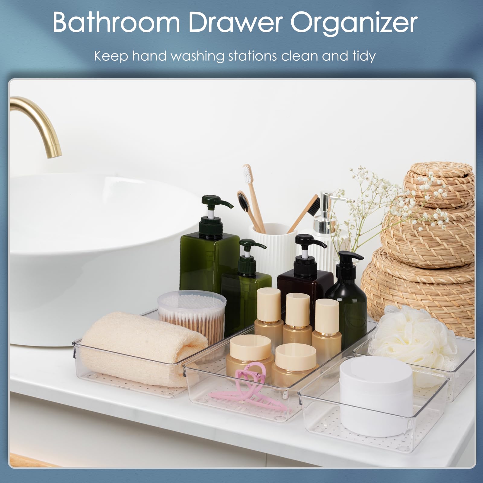 12 Pack Large Clear Plastic Drawer Organizer Set, Acrylic Bathroom Organizer Vanity Trays Dividers, Kitchen Organizers and Stora