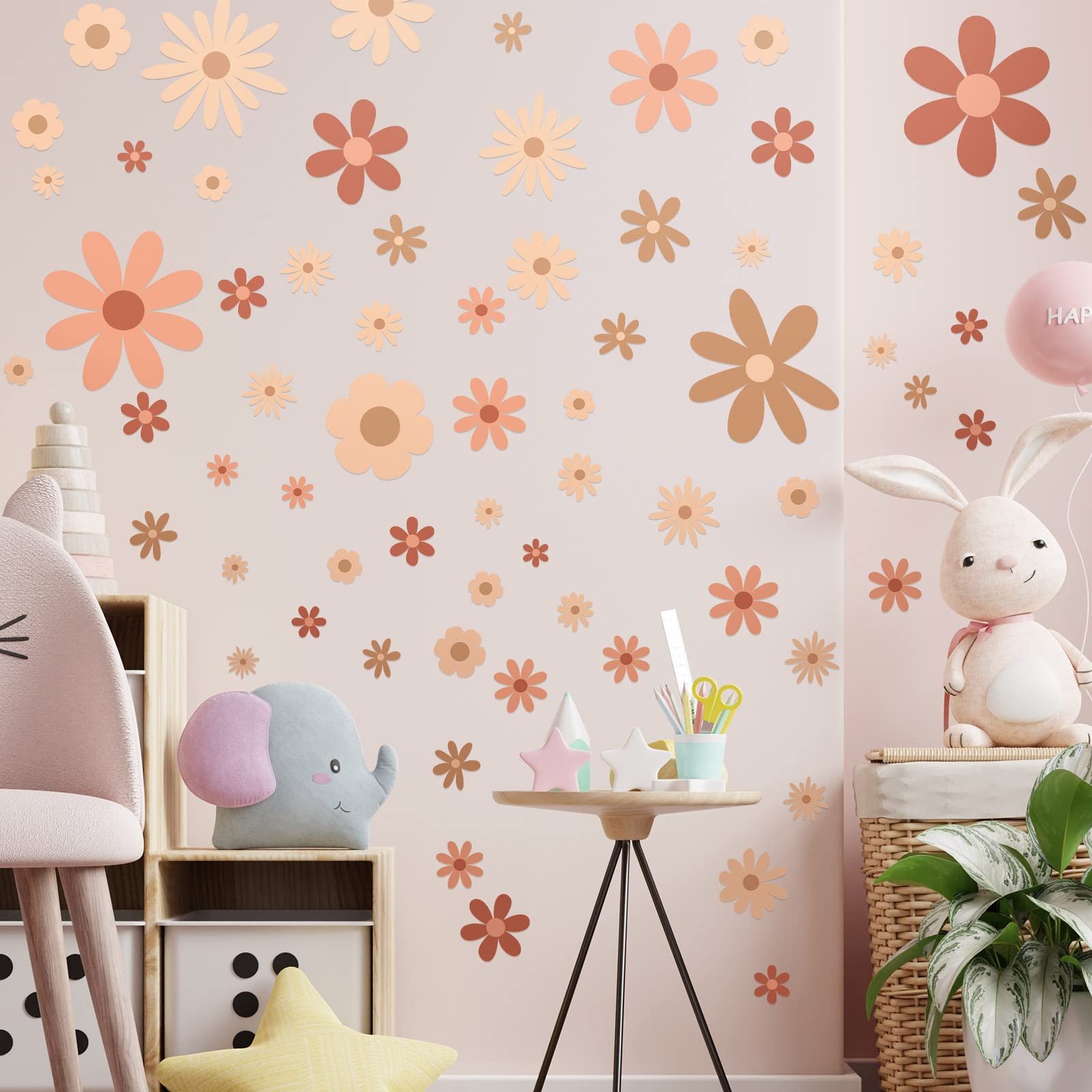 Kisston 90 Pcs Daisy Wall Decal Alphabet Vinyl Wall Decals Boho Decal Daisy Stickers Boho Groovy Floral Stickers for Nursery Art