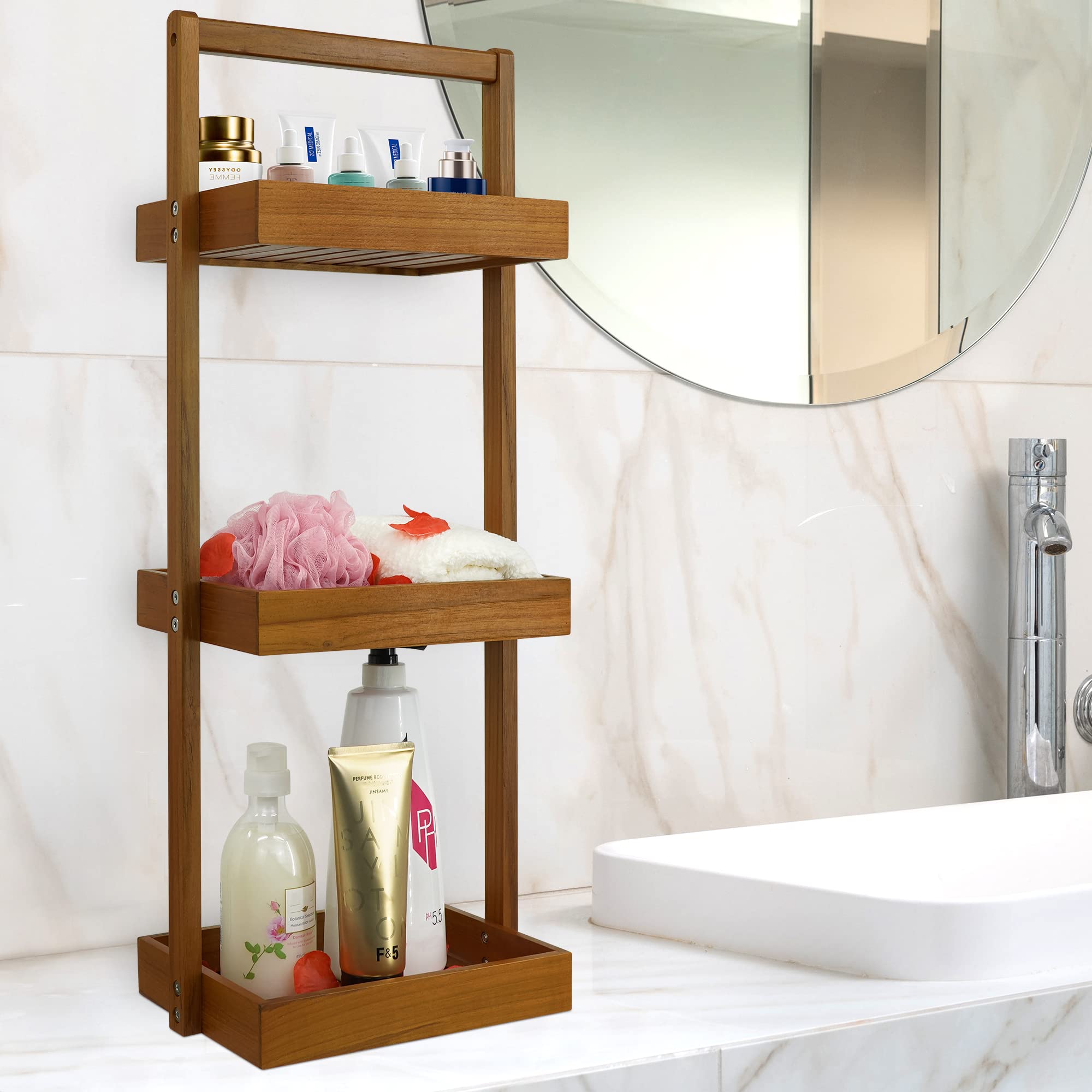 Utoplike Teak Shower Caddy Corner, 3 Tier Standing Shower Organizer Shelf With Handle, Wood Bathroom Stand Up Caddy Basket For S