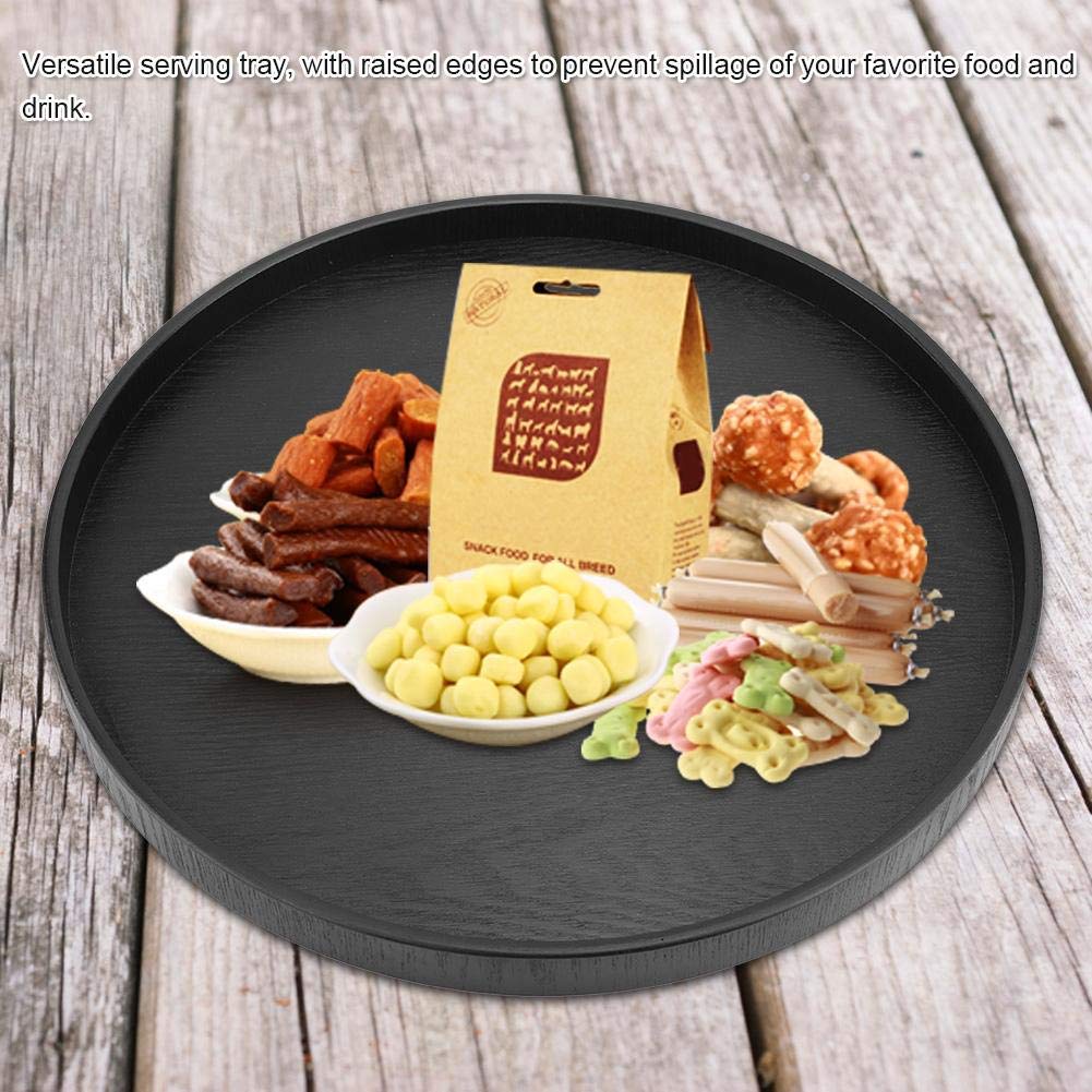 Round Shape Solid Wood Food Meals Serving Tray Tea Coffee Snack Plate Home Kitchen Restaurant Trays 37.5Cm(Black)