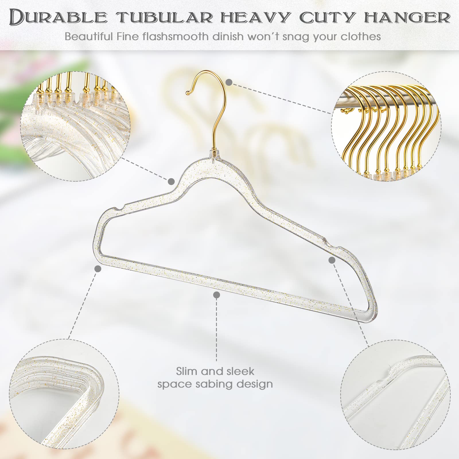 20 Pcs Clear Acrylic Hangers Plastic Glitter Coat Hanger Non Slip Space Saving Suit Hangers Heavy Duty Clothes Hanger with Non Slip Notches (Gold)