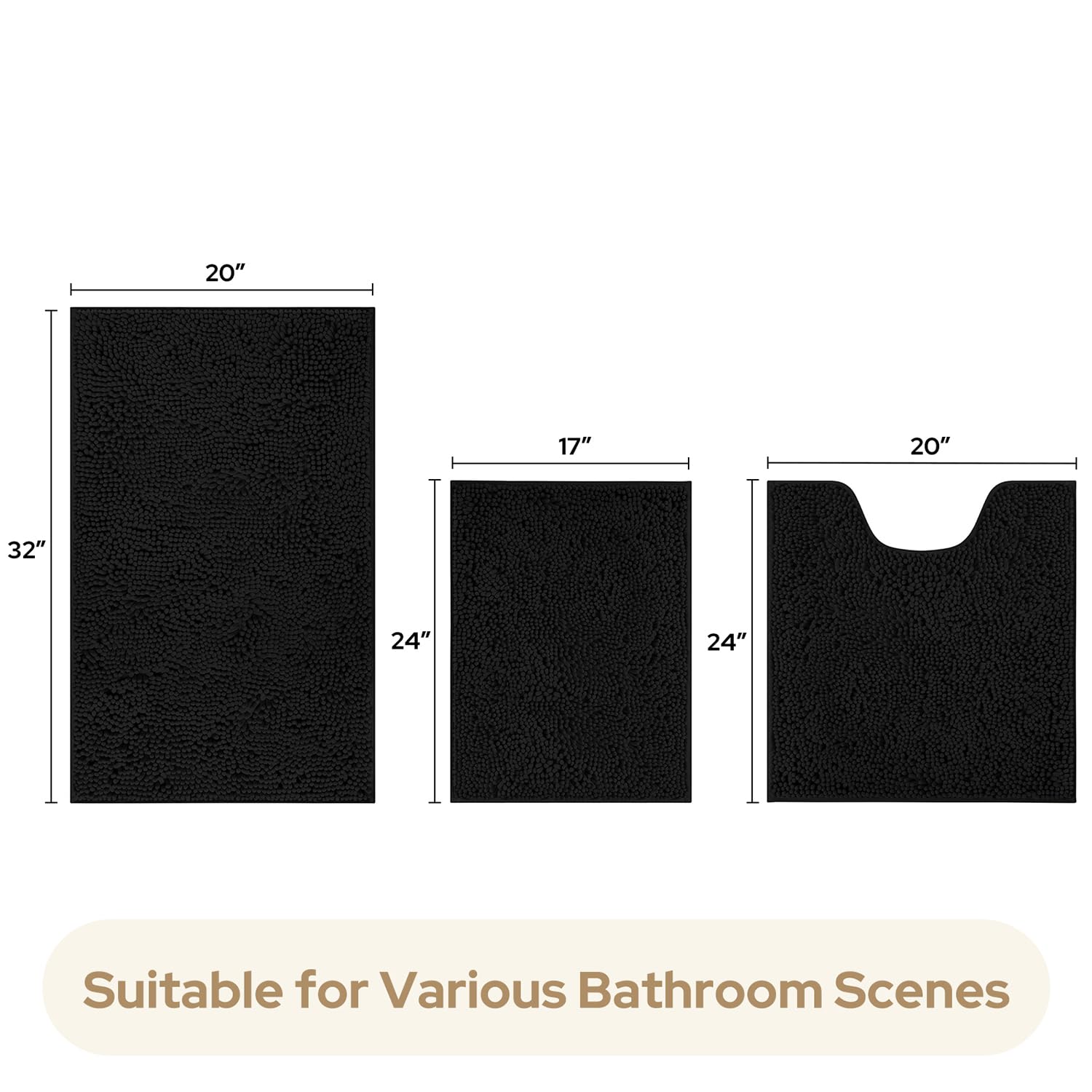 HOMEIDEAS 3 Pieces Bathroom Rugs  Ultra Soft Non Slip Absorbent Chenille Toilet Bath Mat Set (Black)