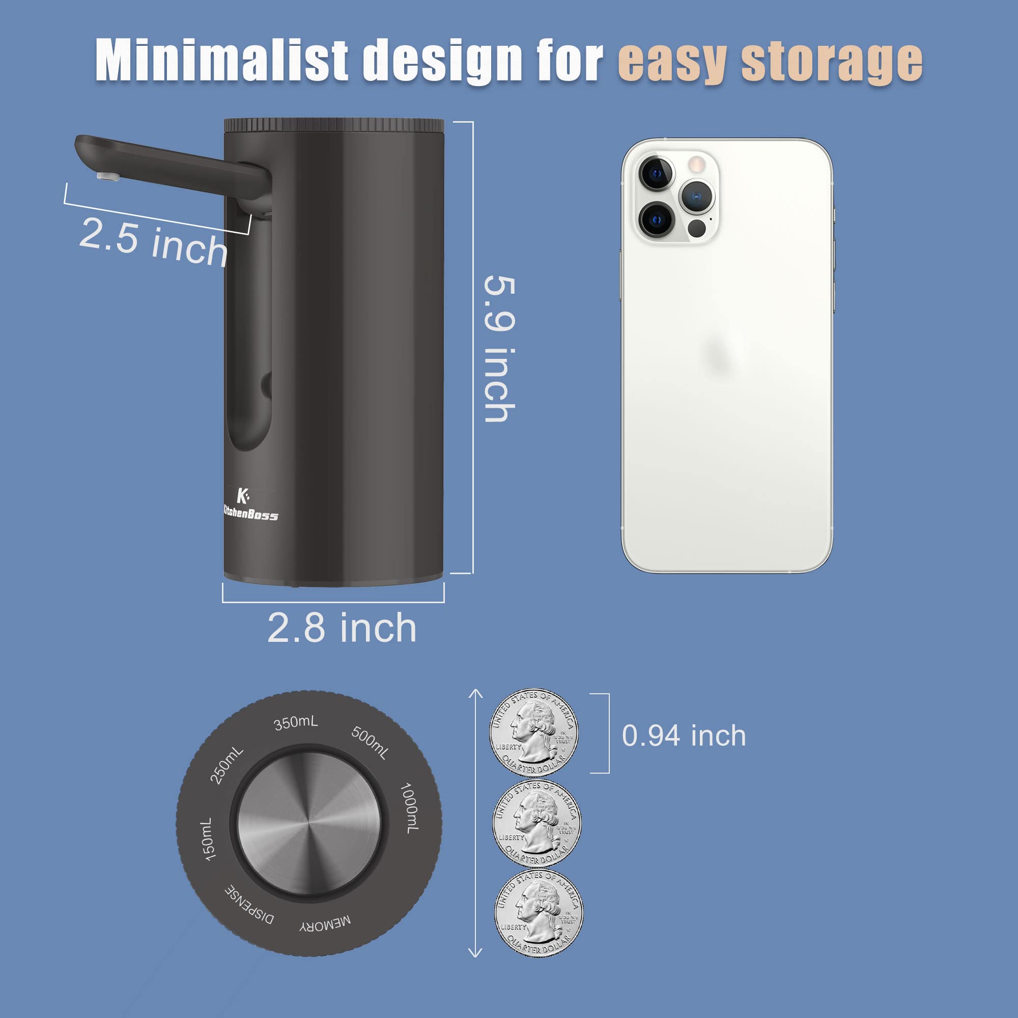 Universal Water-Bottle Pump Dispenser 5-Gallon: KitchenBoss Foldable Automatic Water Bottle Pump  Portable Electric Drinking Water Pump USB Charging 1-5 Gallon Water Bottle Switch Onyx Black