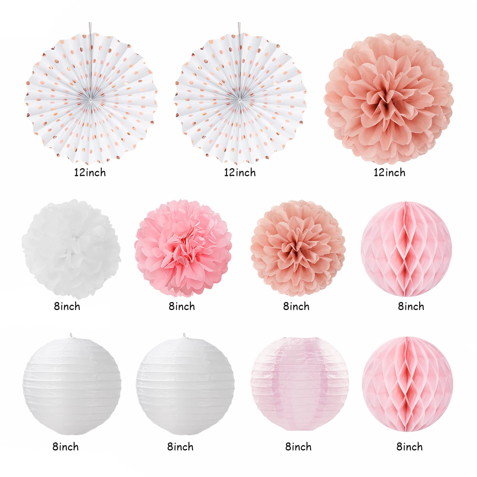 Pink White Rose-Gold Birthday Party-Decorations - 21Pcs Happy Banner, Paper Lanterns,Tissue Pom Poms Flower Fan,Honeycomb Ball,S