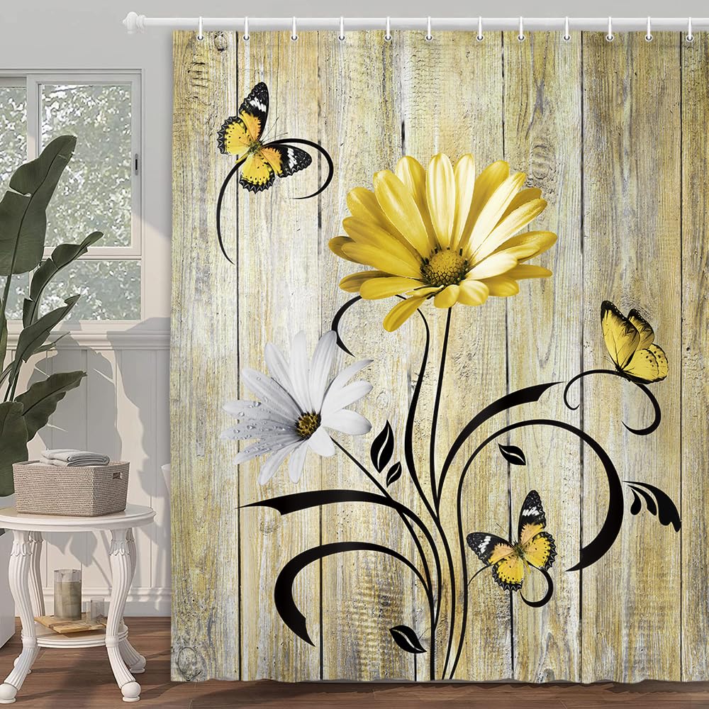 Rustic Farmhouse Floral Shower Curtain, Farm Boho Yellow Daisy Spring Flowers And Butterfly On Country Wooden Shower Curtain For