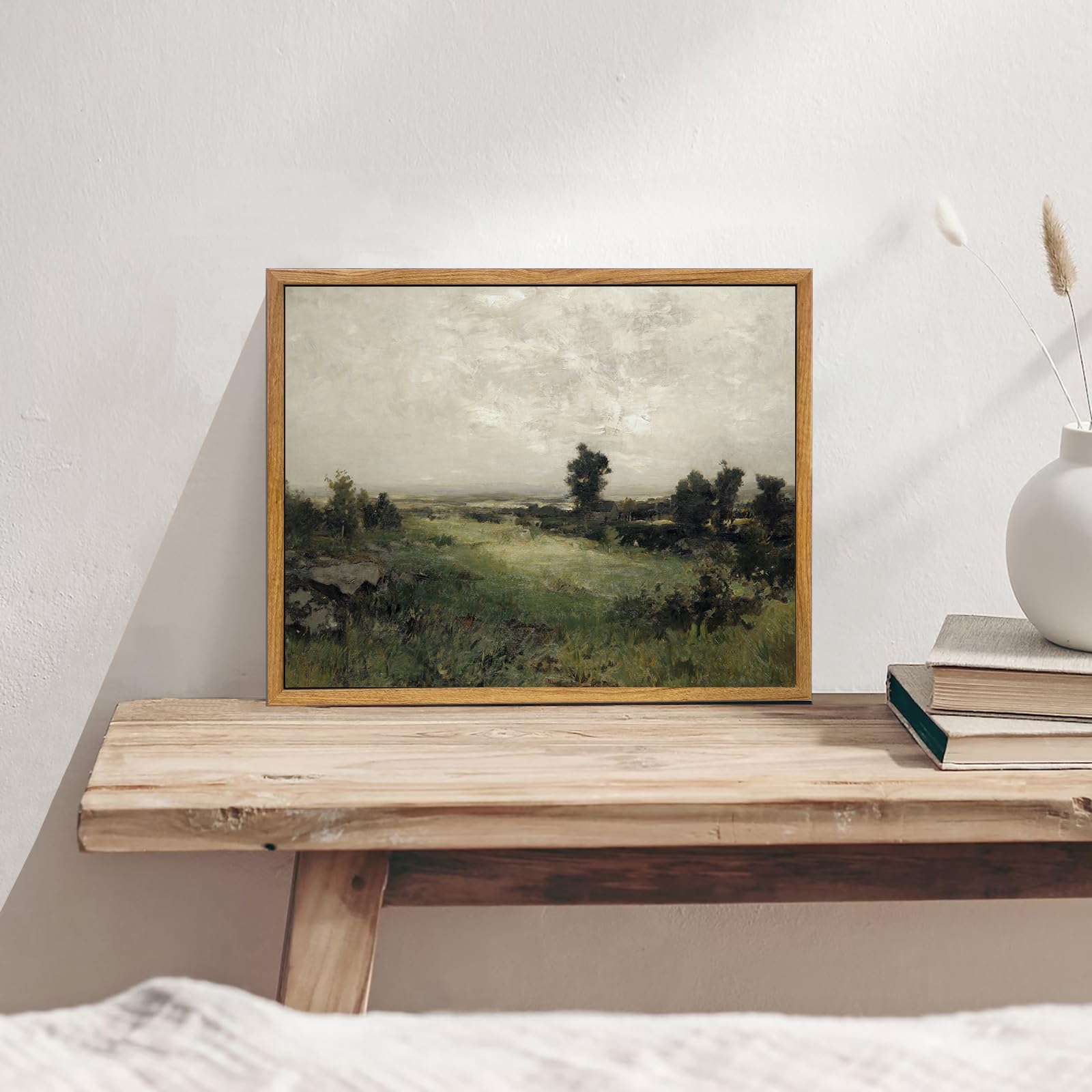 Kbkbart Vintage Landscape Wall Art Framed, Retro Muted Green Nature Wilderness Illustrations Bathroom Canvas Painting, Rustic Fa