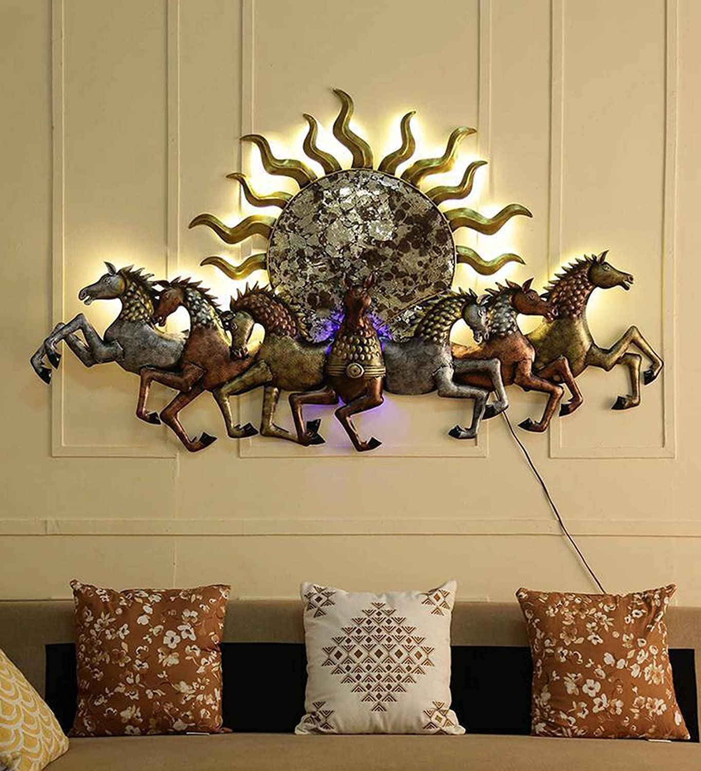 Nesfur Handmade Metal Sunrise Seven Running Hourse With Led Lights For Home Decor, Wall Decor, Diwali Gift, Corporate Gift, Vast