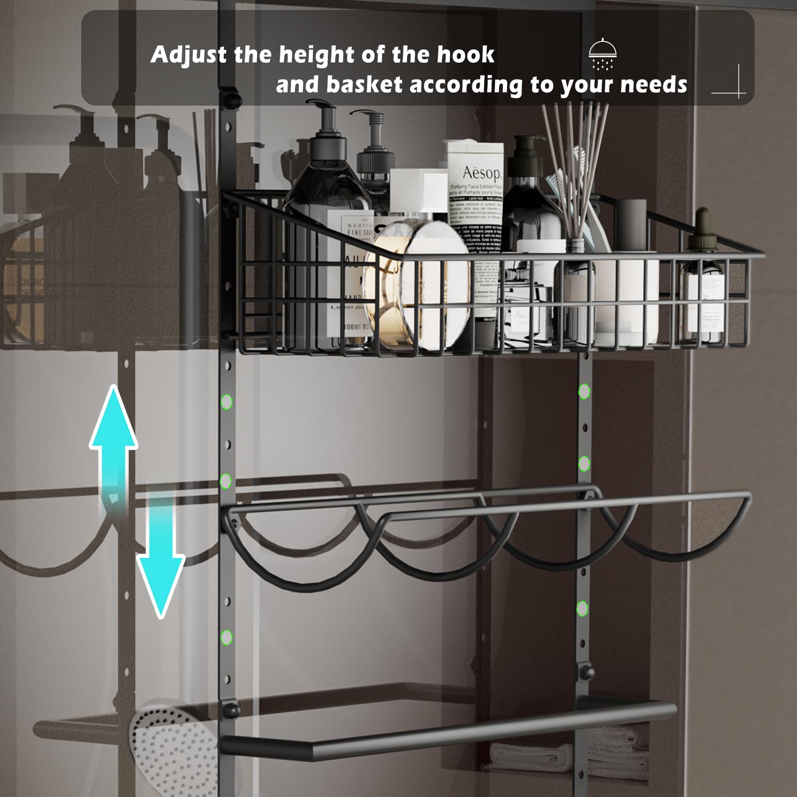 X-Cosrack Adjustable Towel Racks For Bathroom Door Hanging, 5 Tiers Over The Door Towel Rack With Hooks, Bathroom Towel Holder W