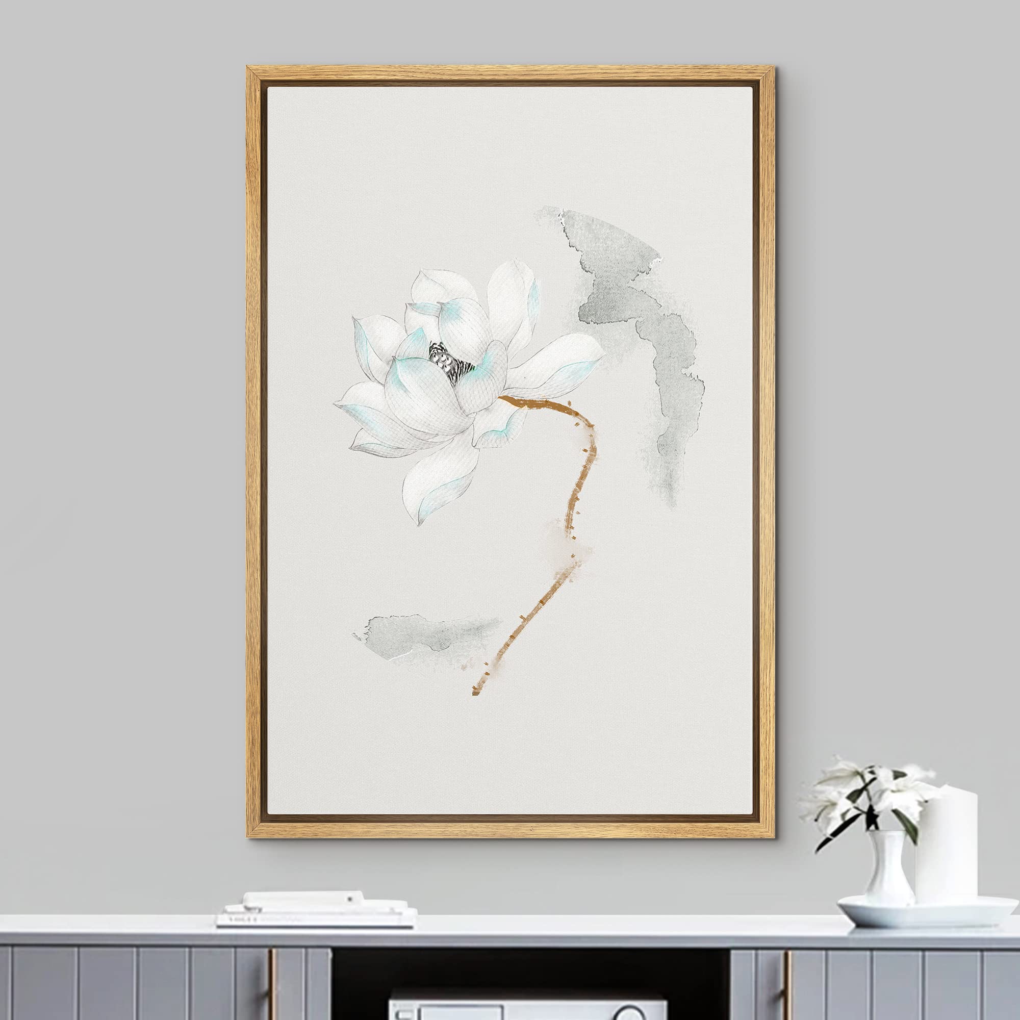 NWT Framed Canvas Print Wall Art Watercolor Effect White Magnolia Flower Floral Plants Illustrations Modern Art Minimalist Scenic Colorful Cool for Living Room  Bedroom  Office - 16''x24'' Natural