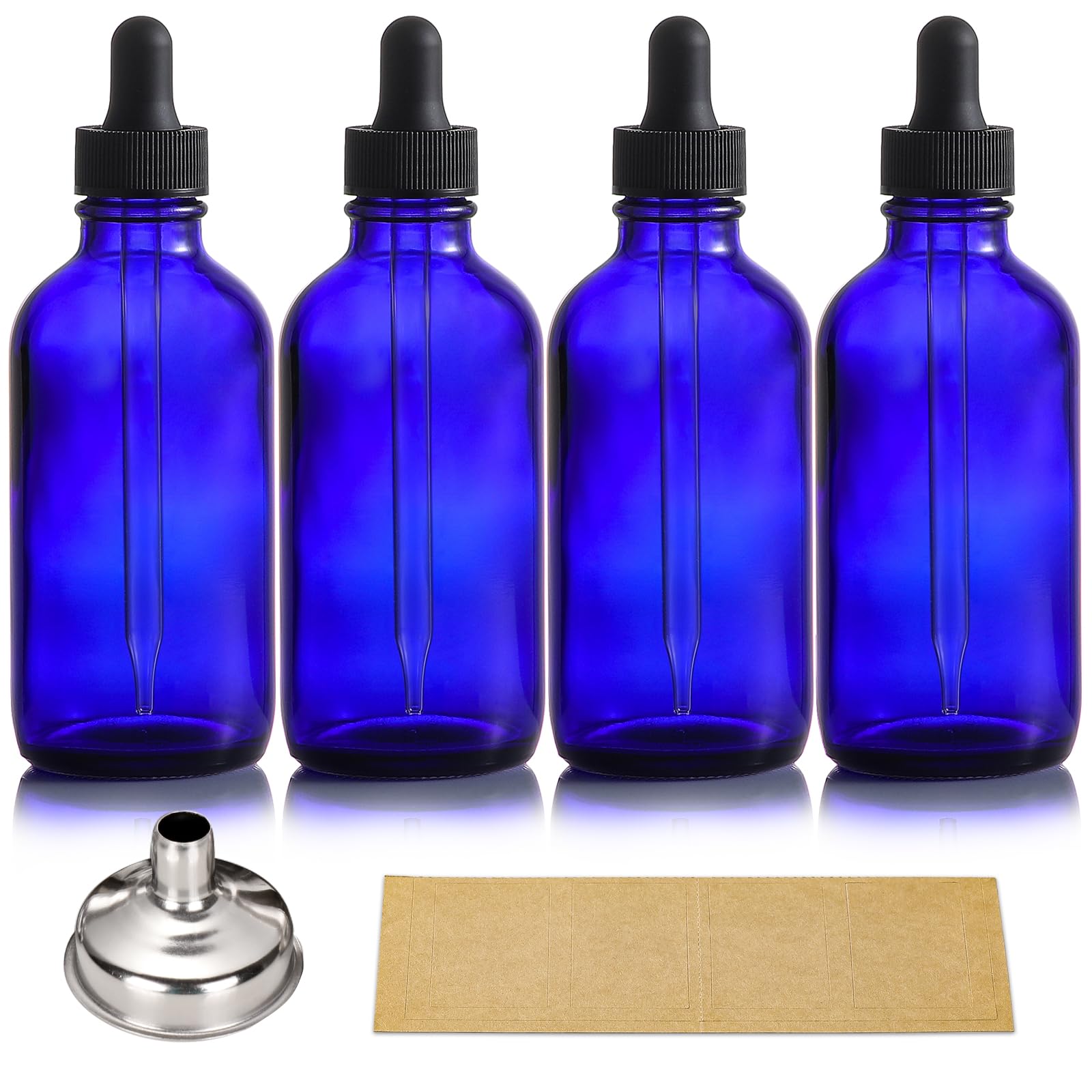 Aozita 4 Pack, 4Oz Blue Glass Dropper Bottles With 1 Funnel & 4 Lables - 120Ml Dark Bluetincture Bottles With Eye Droppers - Lea